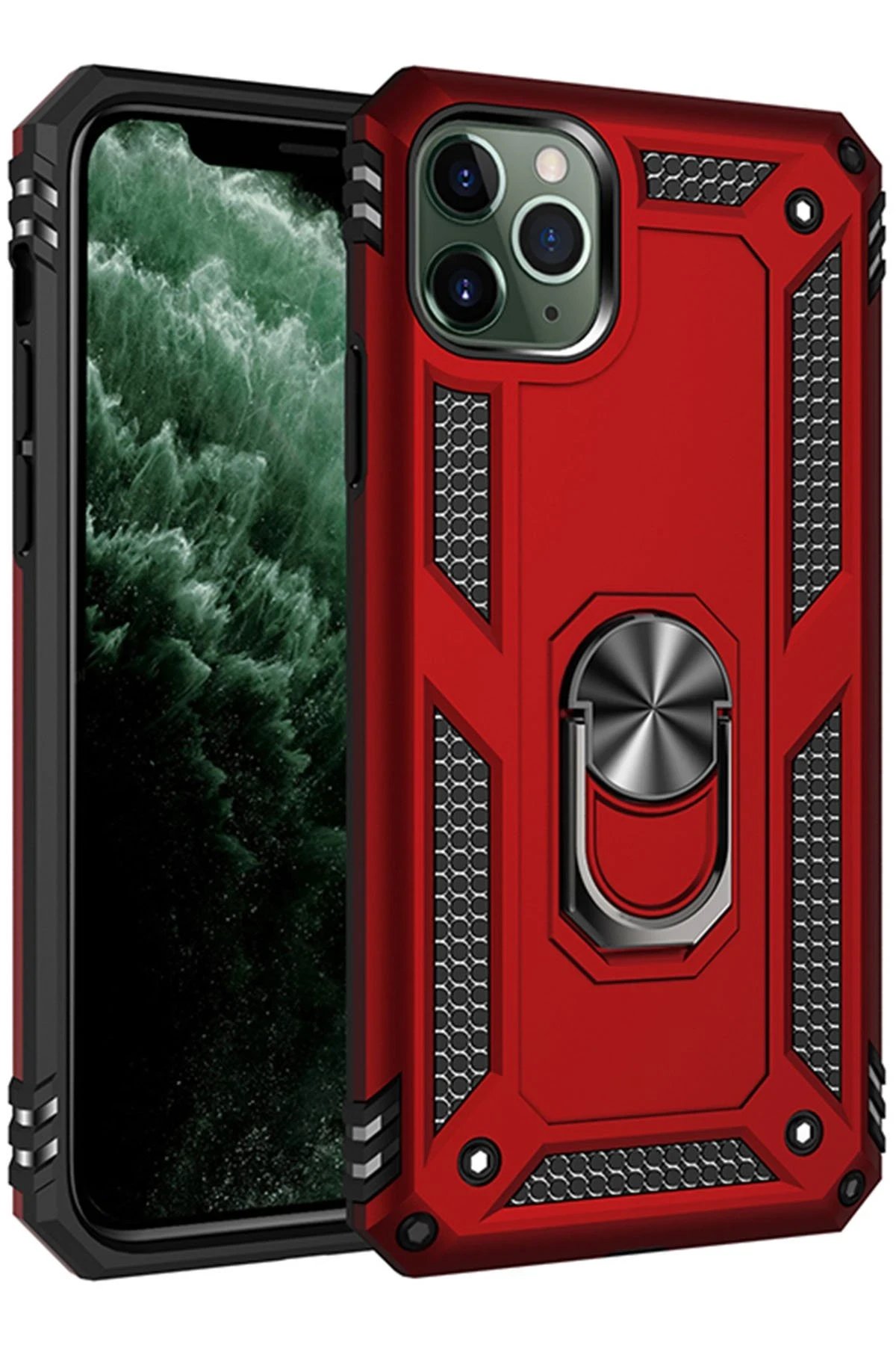 iPhone 11 Pro Max Kılıf Sofya Yüzüklü Silikon Kapak - Kırmızı-(5796)