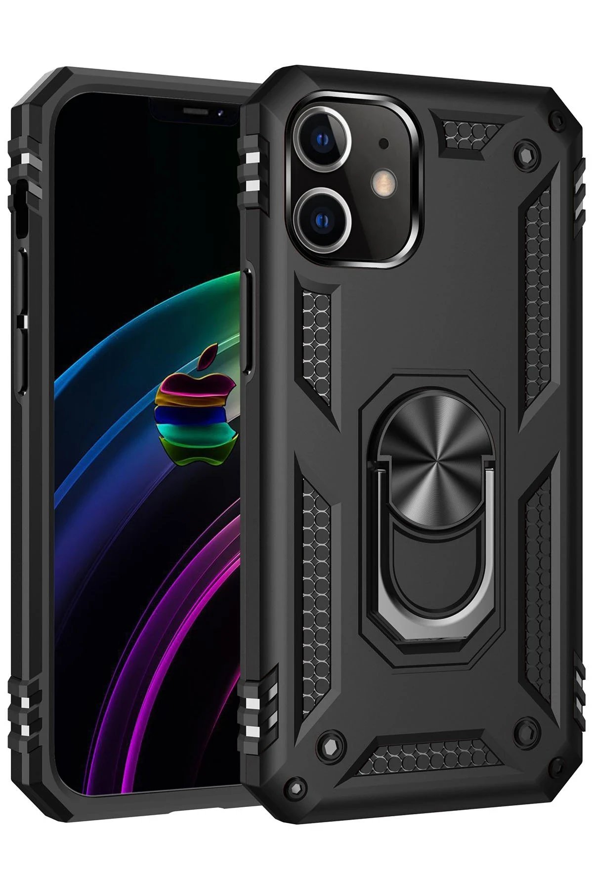 iPhone 12 Mini Kılıf Sofya Yüzüklü Silikon Kapak - Siyah-(5796)