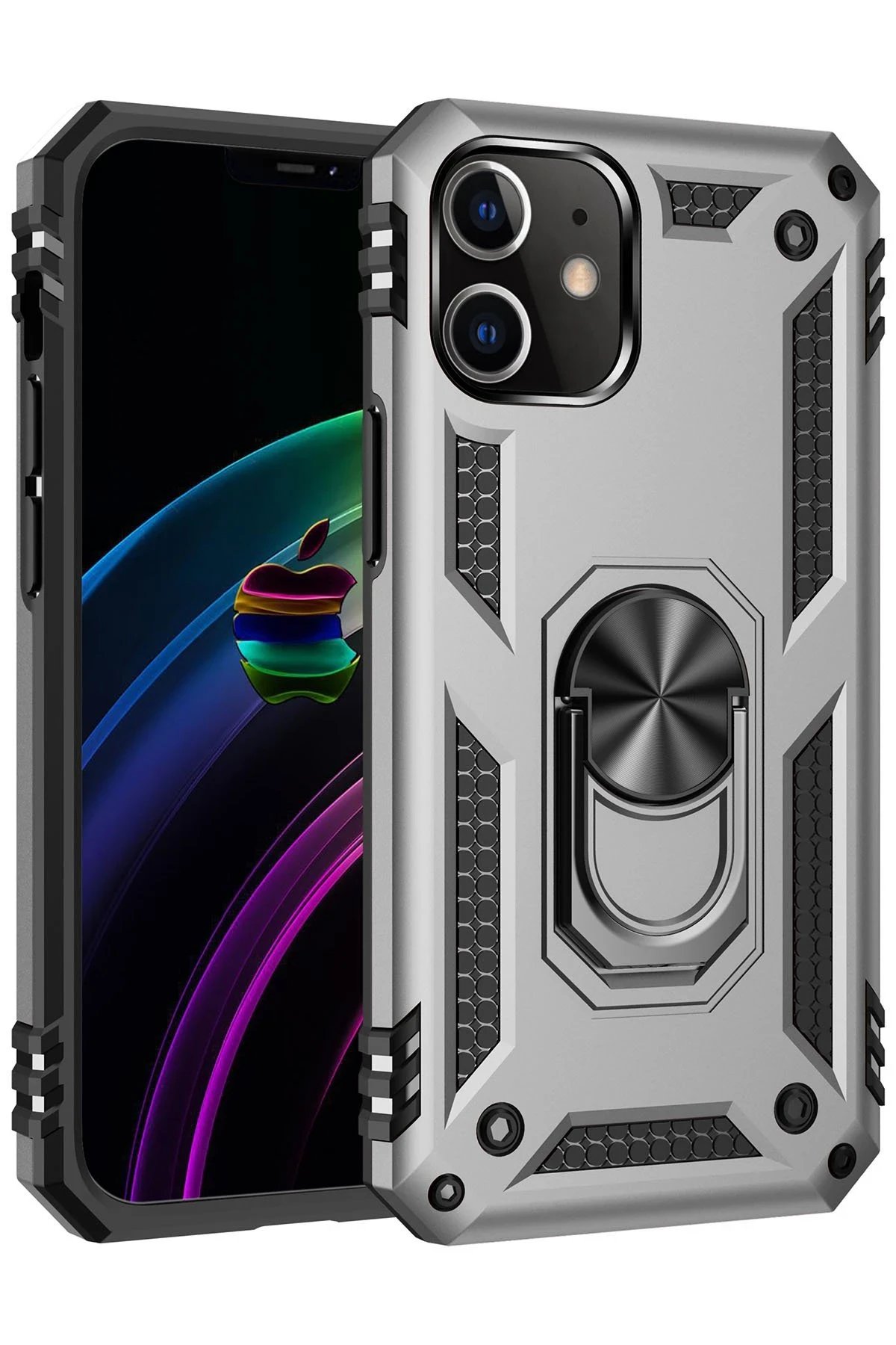 iPhone 12 Kılıf Sofya Yüzüklü Silikon Kapak - Gümüş-(5796)