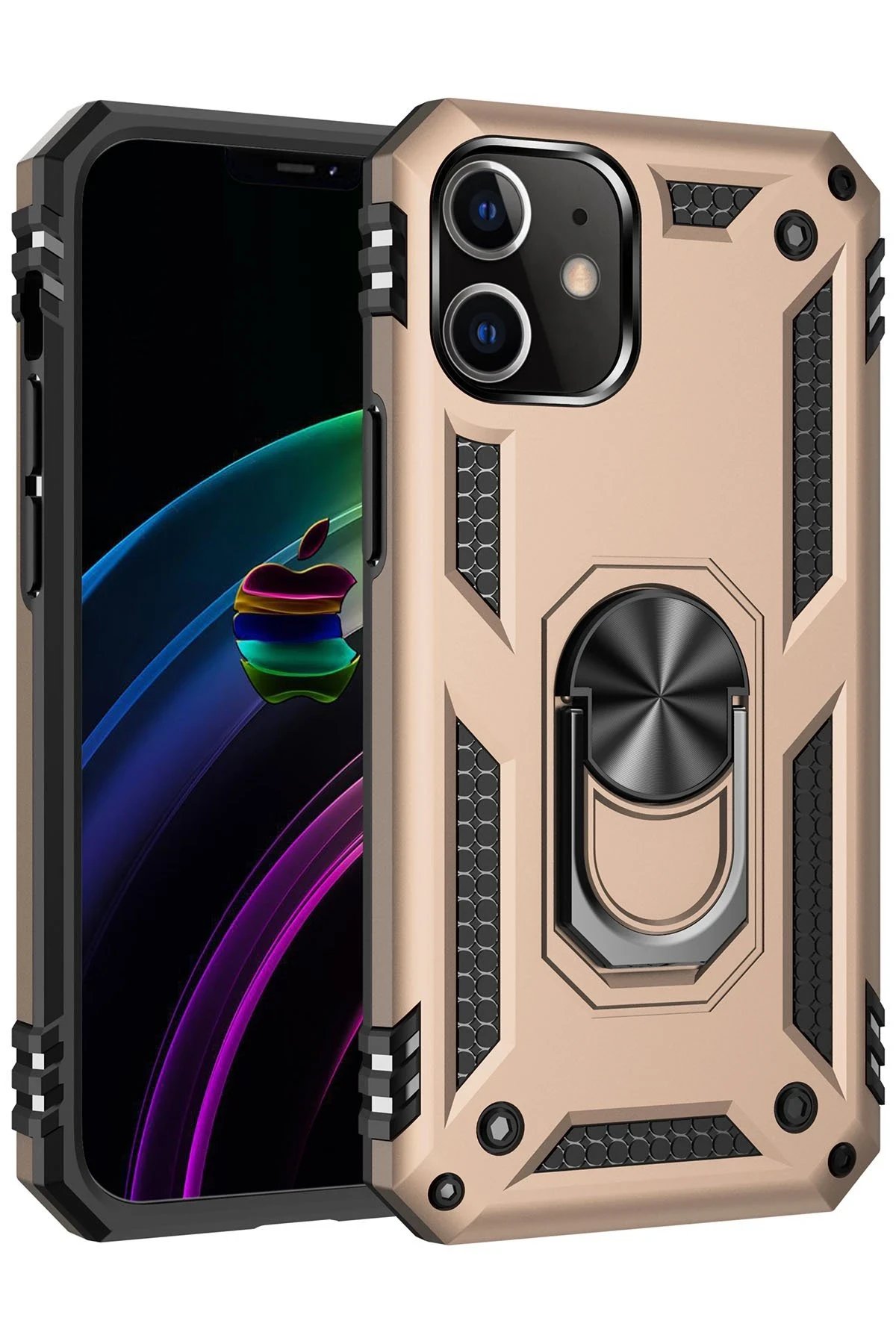 iPhone 12 Kılıf Sofya Yüzüklü Silikon Kapak - Gold-(5796)