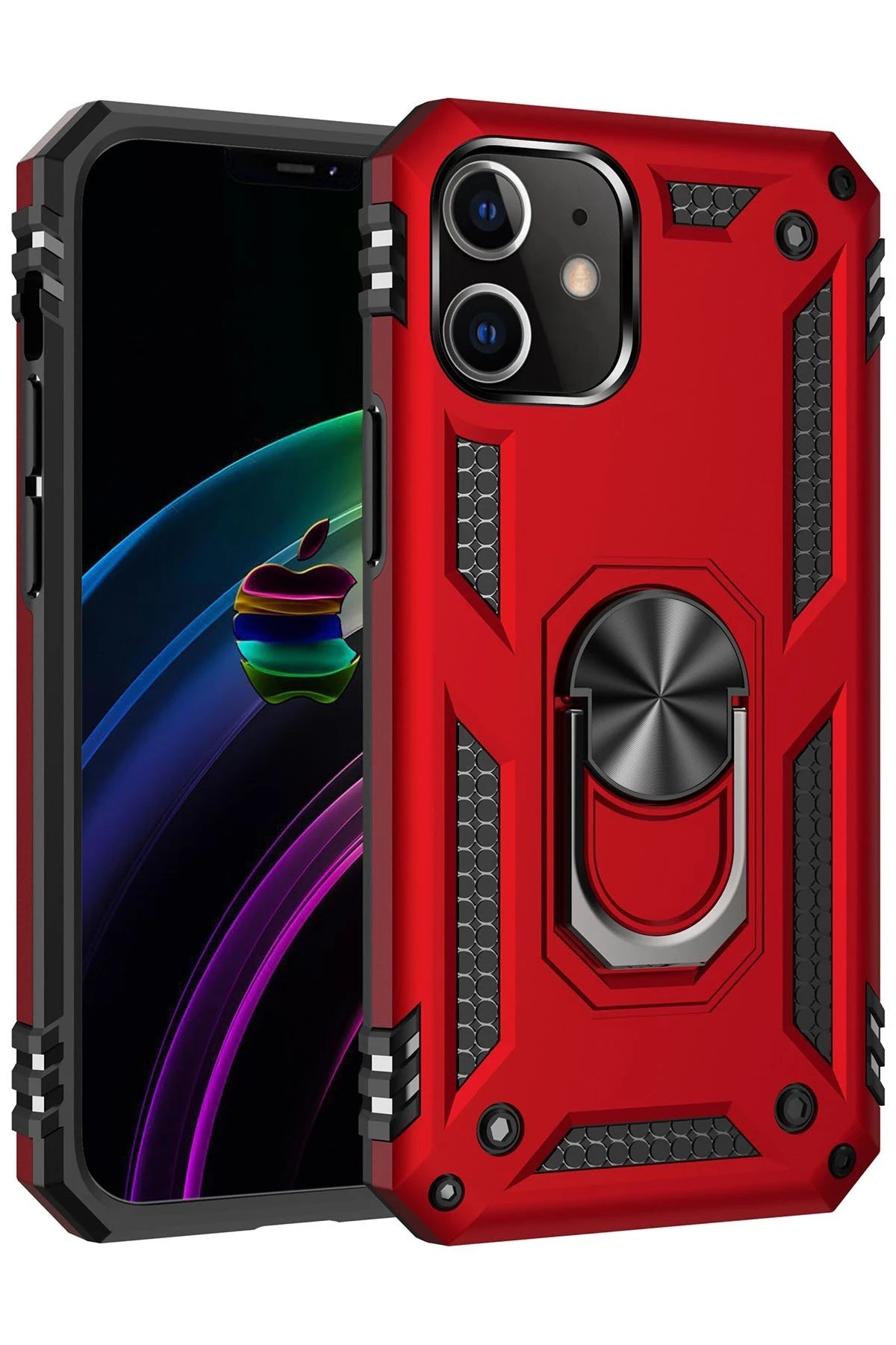 iPhone 12 Kılıf Sofya Yüzüklü Silikon Kapak - Kırmızı-(5796)