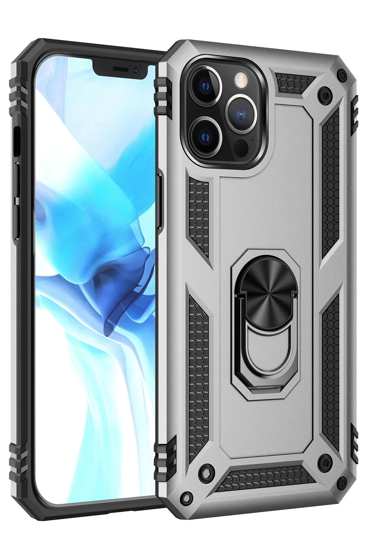 iPhone 12 Pro Max Kılıf Sofya Yüzüklü Silikon Kapak - Gümüş-(5796)