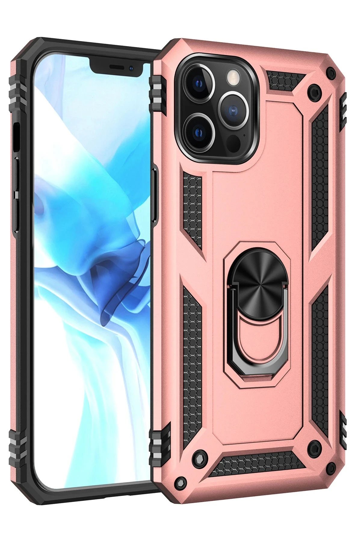 iPhone 12 Pro Max Kılıf Sofya Yüzüklü Silikon Kapak - Rose-(5796)