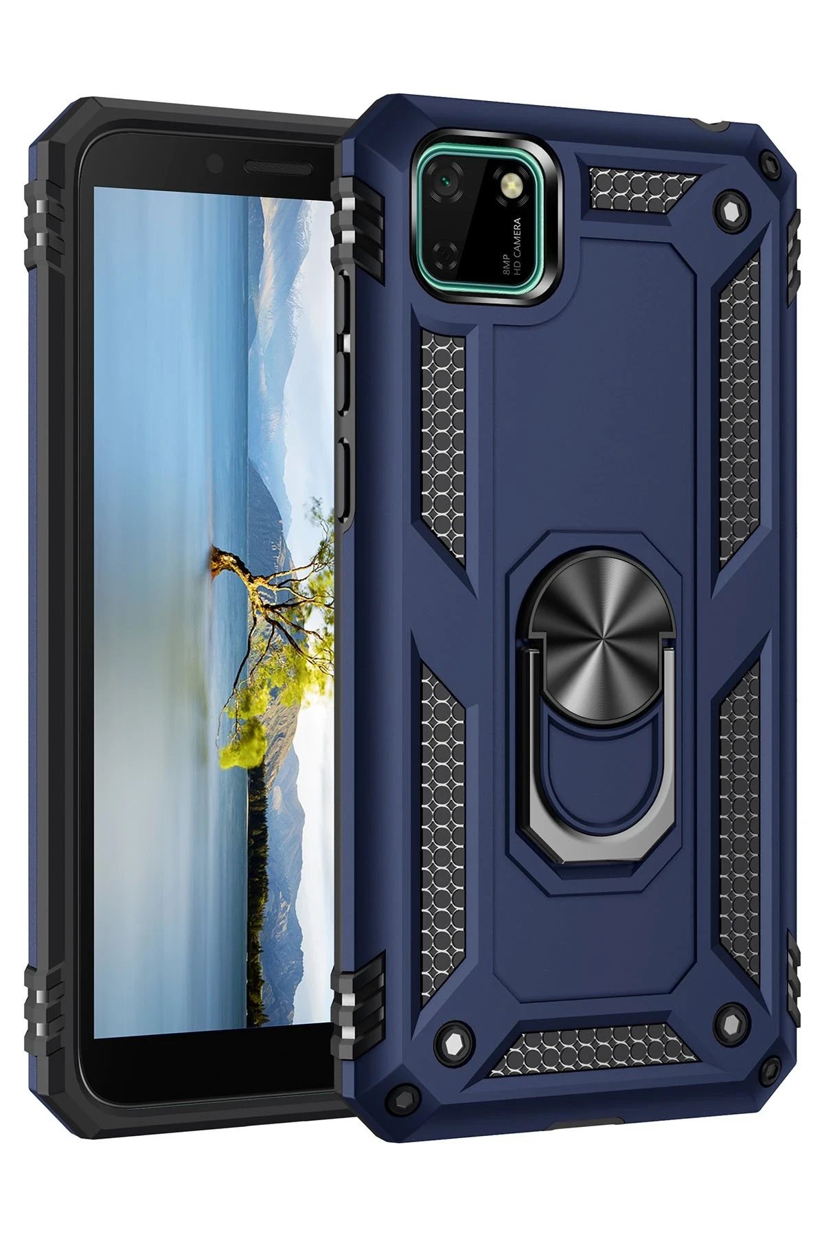 Huawei Y5P Kılıf Sofya Yüzüklü Silikon Kapak - Lacivert-(5796)