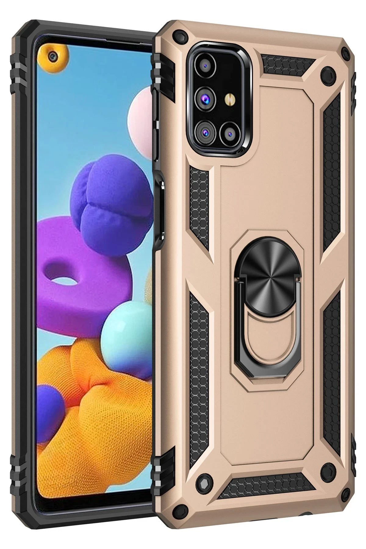 Samsung Galaxy M51 Kılıf Sofya Yüzüklü Silikon Kapak - Gold-(5796)