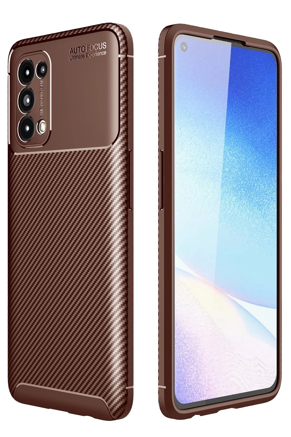 Oppo Reno 5 Kılıf Auto Focus Karbon Kapak - Kahverengi-(5796)