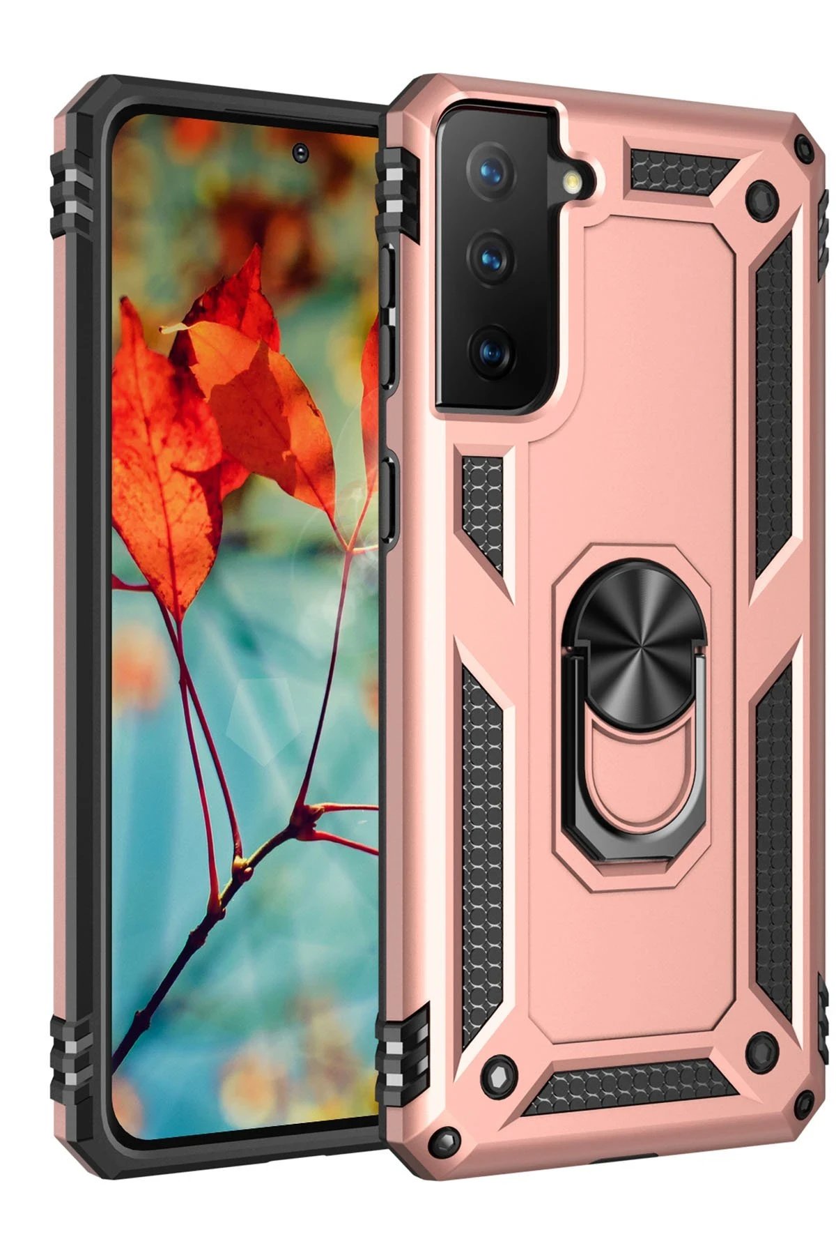 Samsung Galaxy S21 Kılıf Sofya Yüzüklü Silikon Kapak - Rose-(5796)