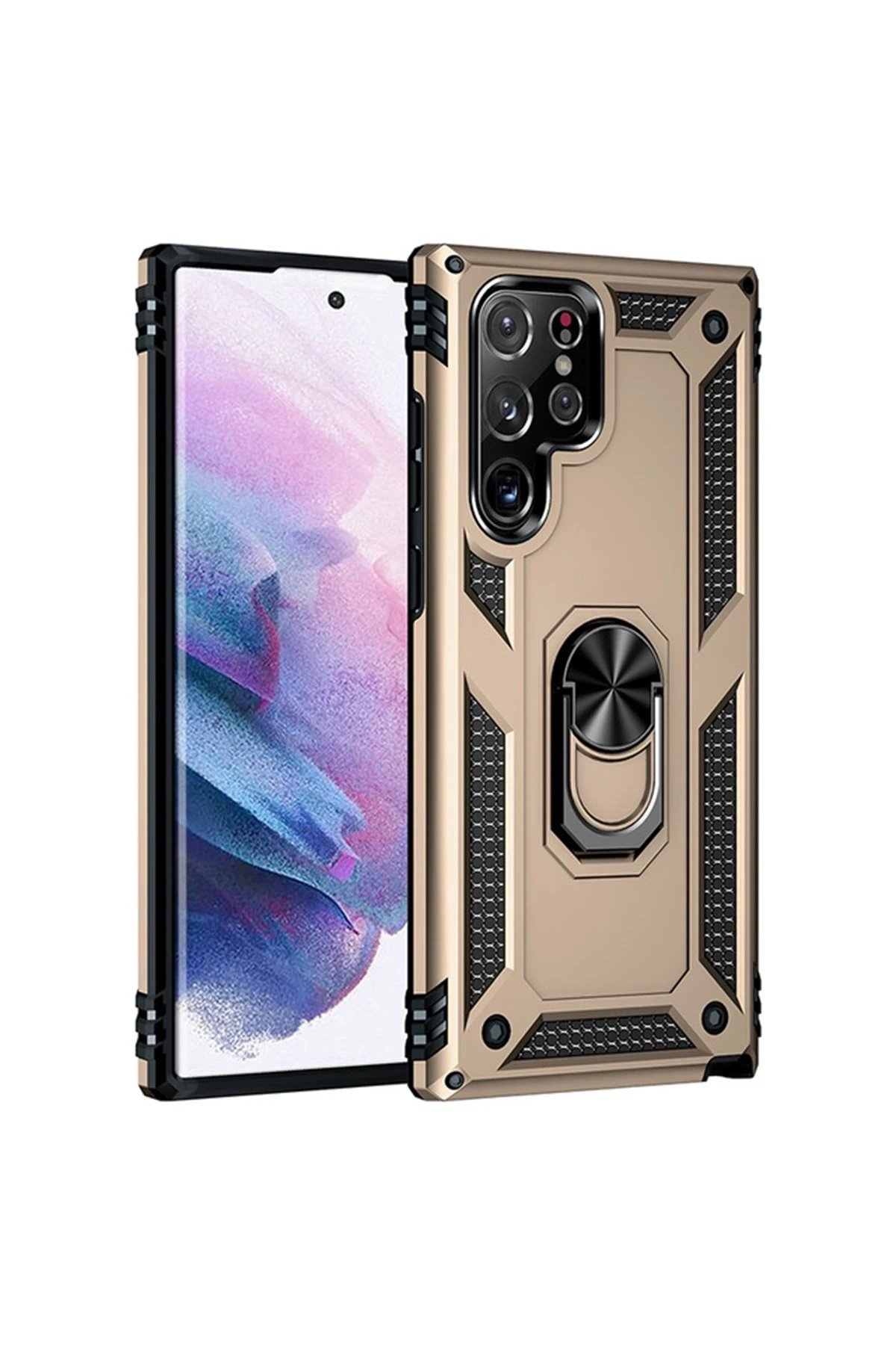 Samsung Galaxy S21 Ultra Kılıf Sofya Yüzüklü Silikon Kapak - Gold-(5796)