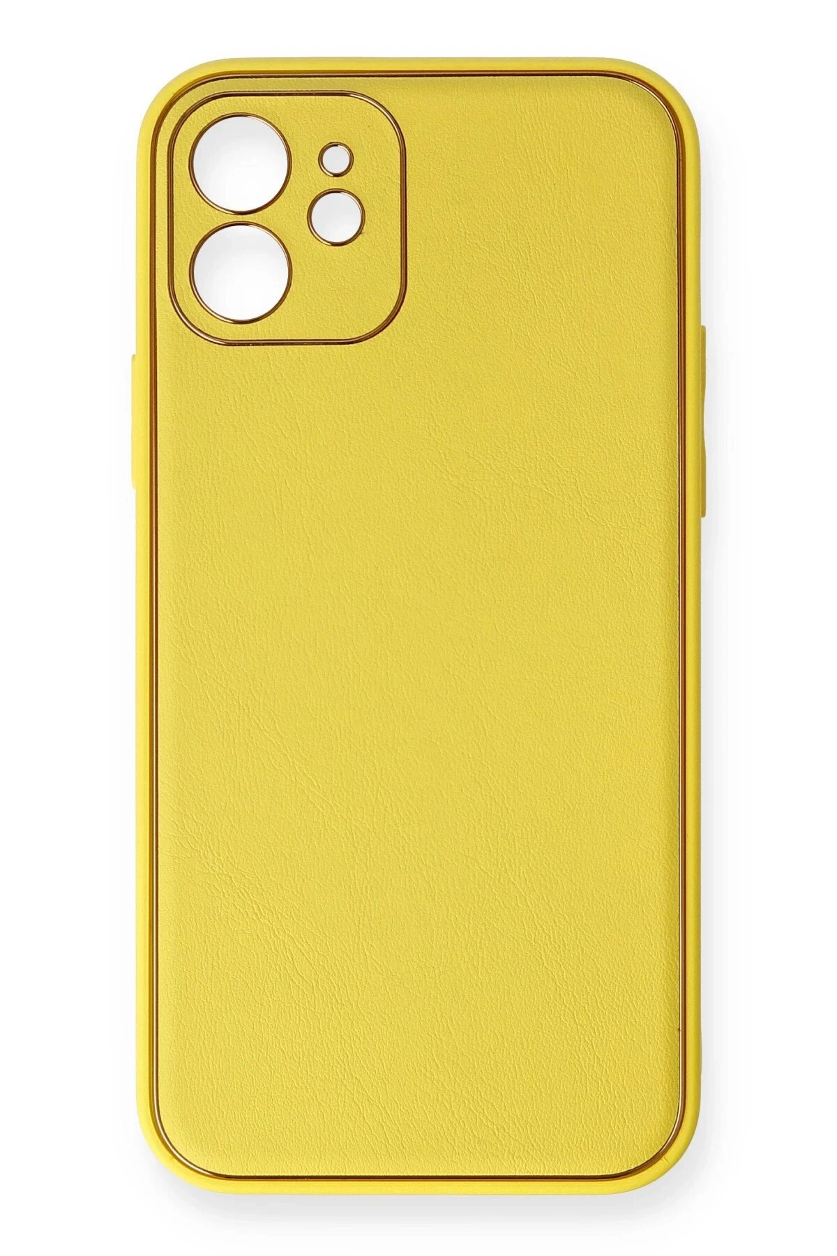 iPhone 12 Kılıf Coco Deri Silikon Kapak - Sarı-(5796)