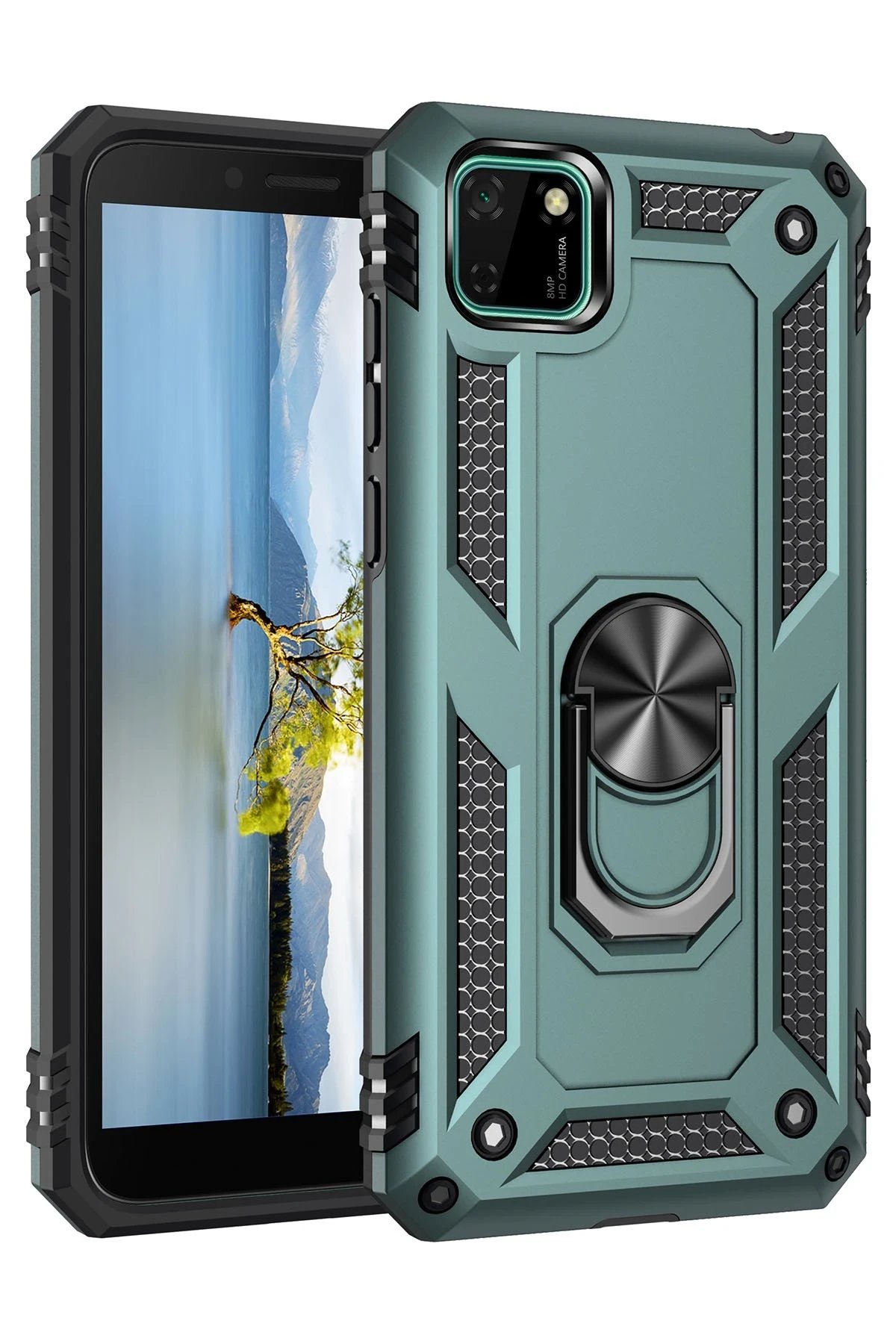 Huawei Y5P Kılıf Sofya Yüzüklü Silikon Kapak - Yeşil-(5796)