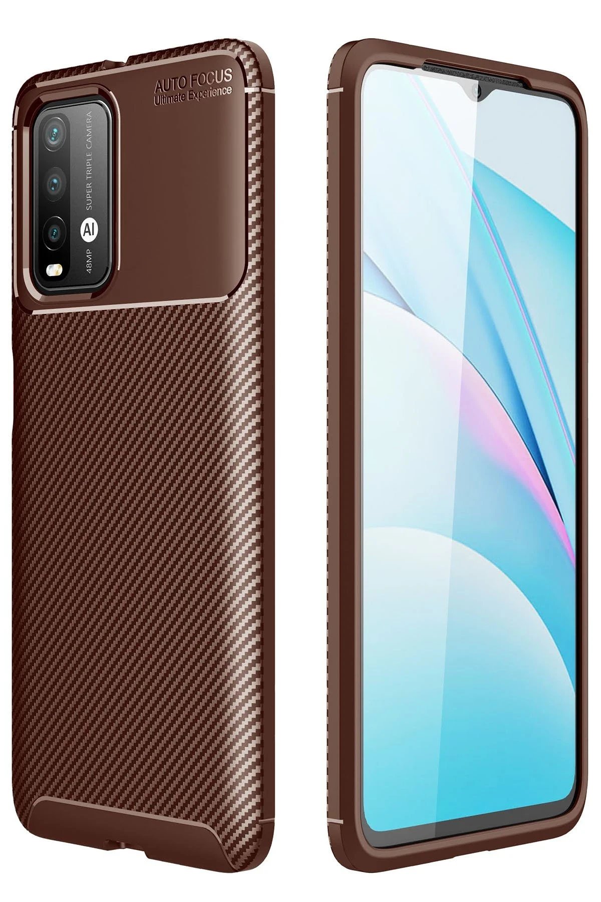 Xiaomi Redmi 9T Kılıf Auto Focus Karbon Kapak - Kahverengi-(5796)