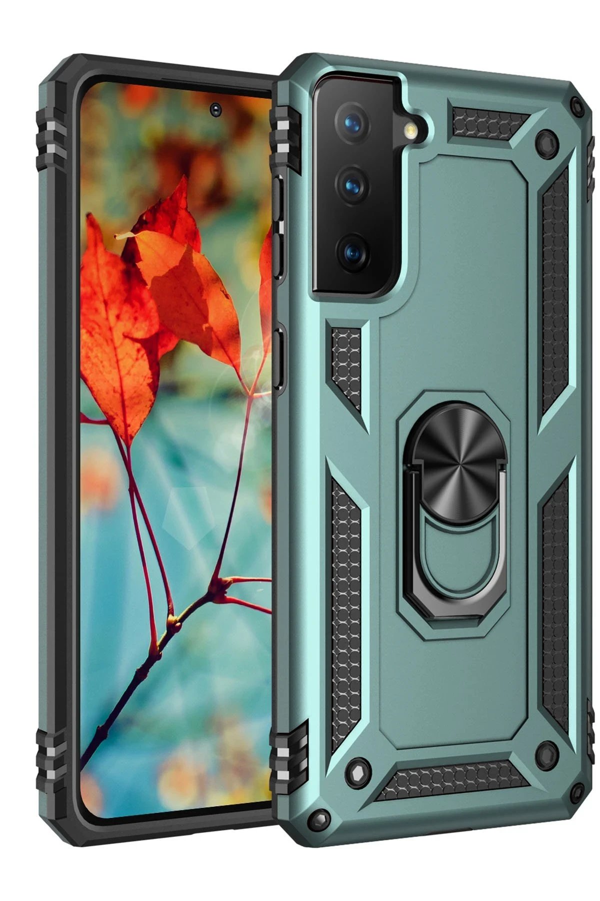 Samsung Galaxy S21 Kılıf Sofya Yüzüklü Silikon Kapak - Yeşil-(5796)