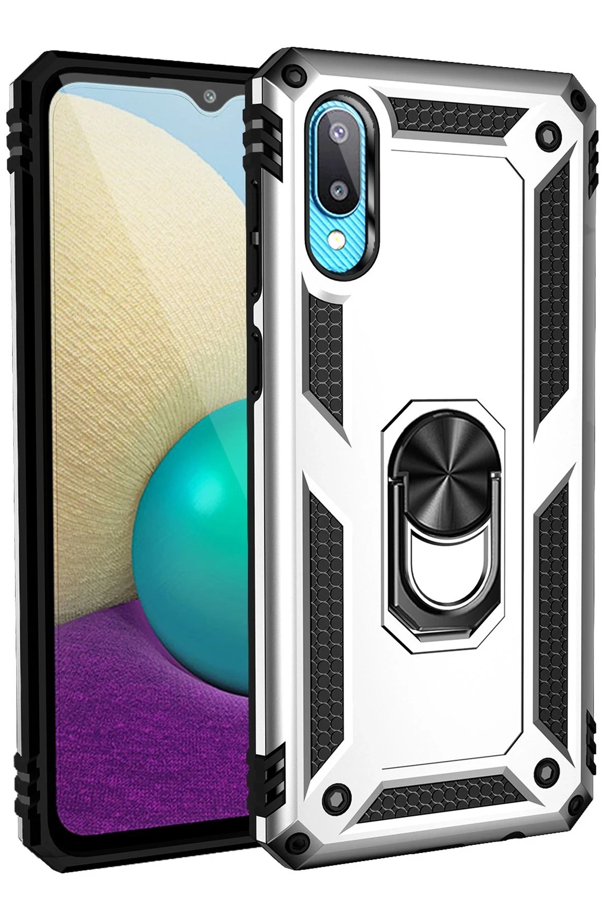 Samsung Galaxy A02 Kılıf Sofya Yüzüklü Silikon Kapak - Gümüş-(5796)