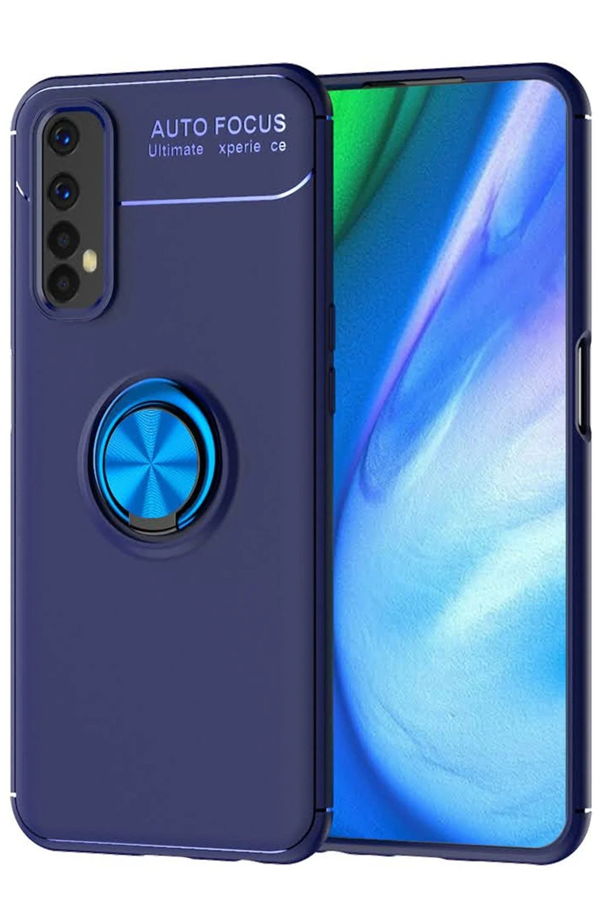 Realme 7 Kılıf Range Yüzüklü Silikon - Mavi-(5796)