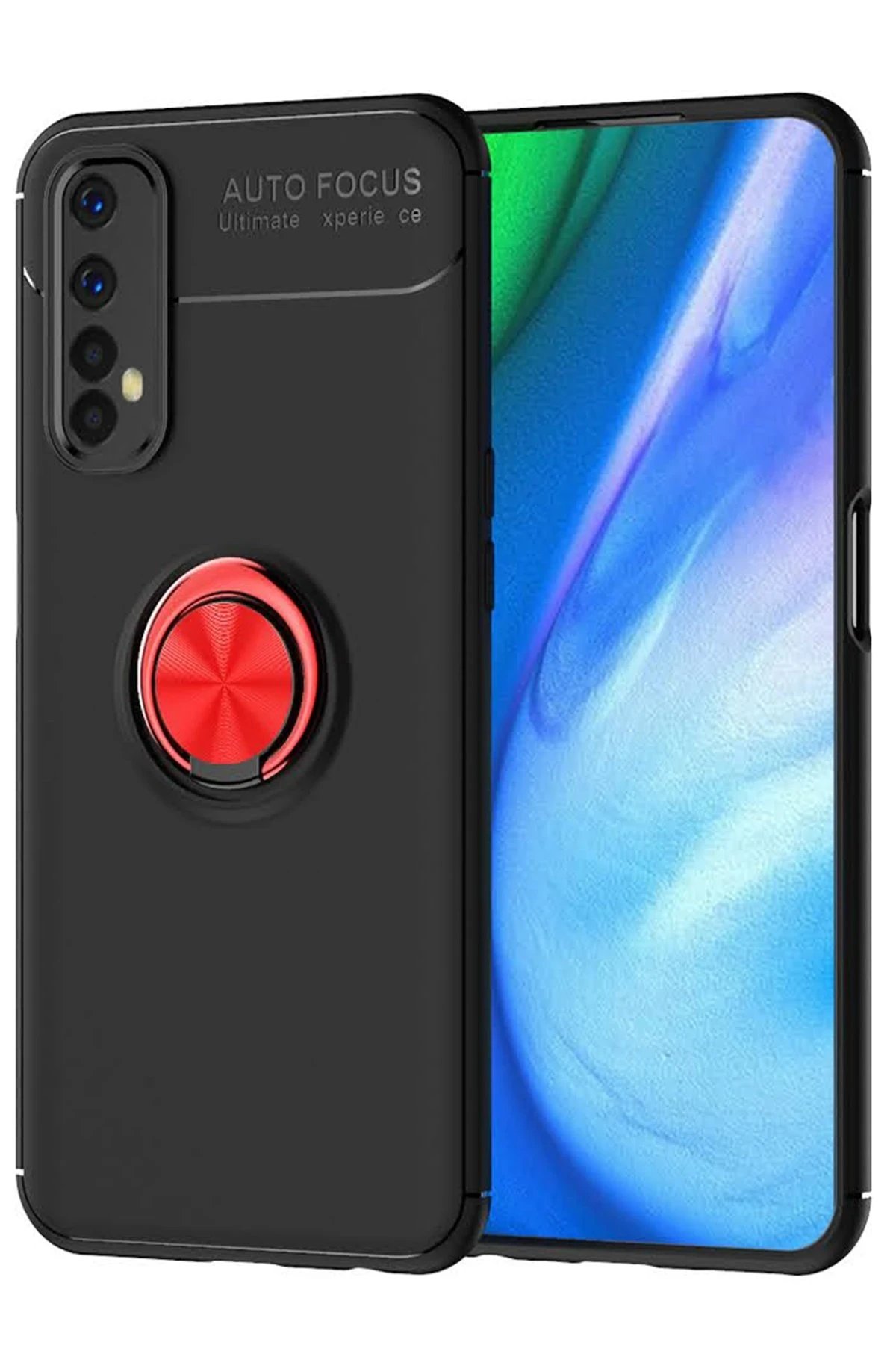 Realme 7 Kılıf Range Yüzüklü Silikon - Siyah-Kırmızı-(5796)