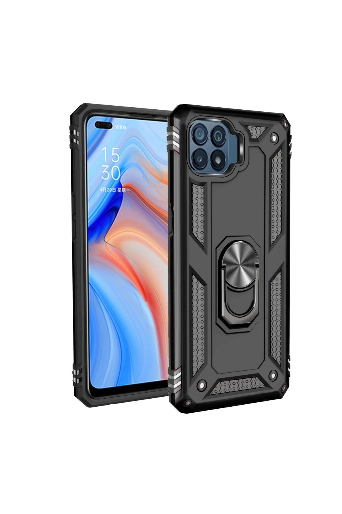 Oppo Reno 4 Lite Kılıf Sofya Yüzüklü Silikon Kapak - Siyah-(5796)