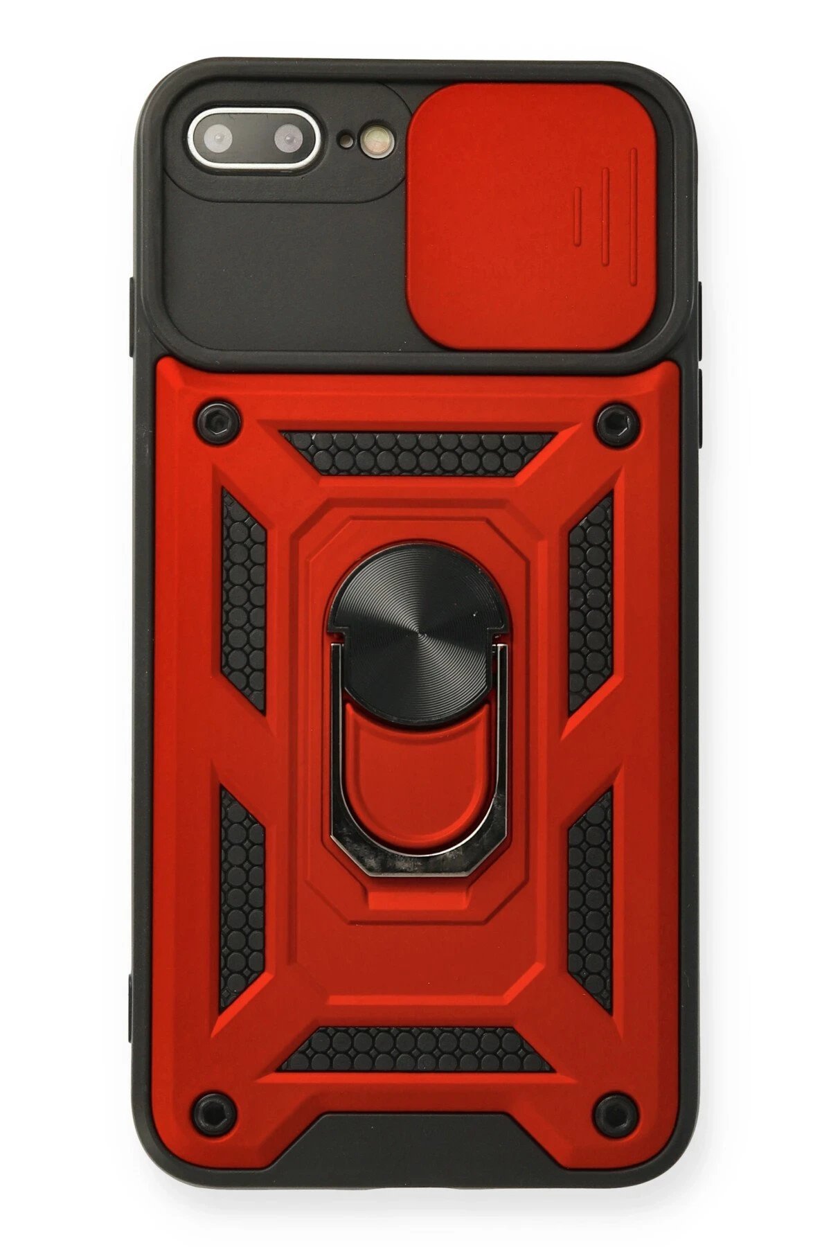 iPhone 7 Plus Kılıf Pars Lens Yüzüklü Silikon - Kırmızı-(5796)