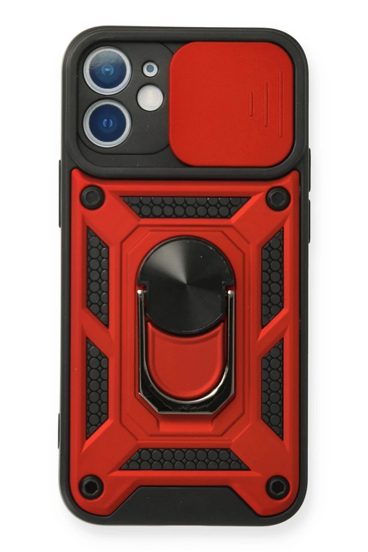 iPhone 12 Mini Kılıf Pars Lens Yüzüklü Silikon - Kırmızı-(5796)