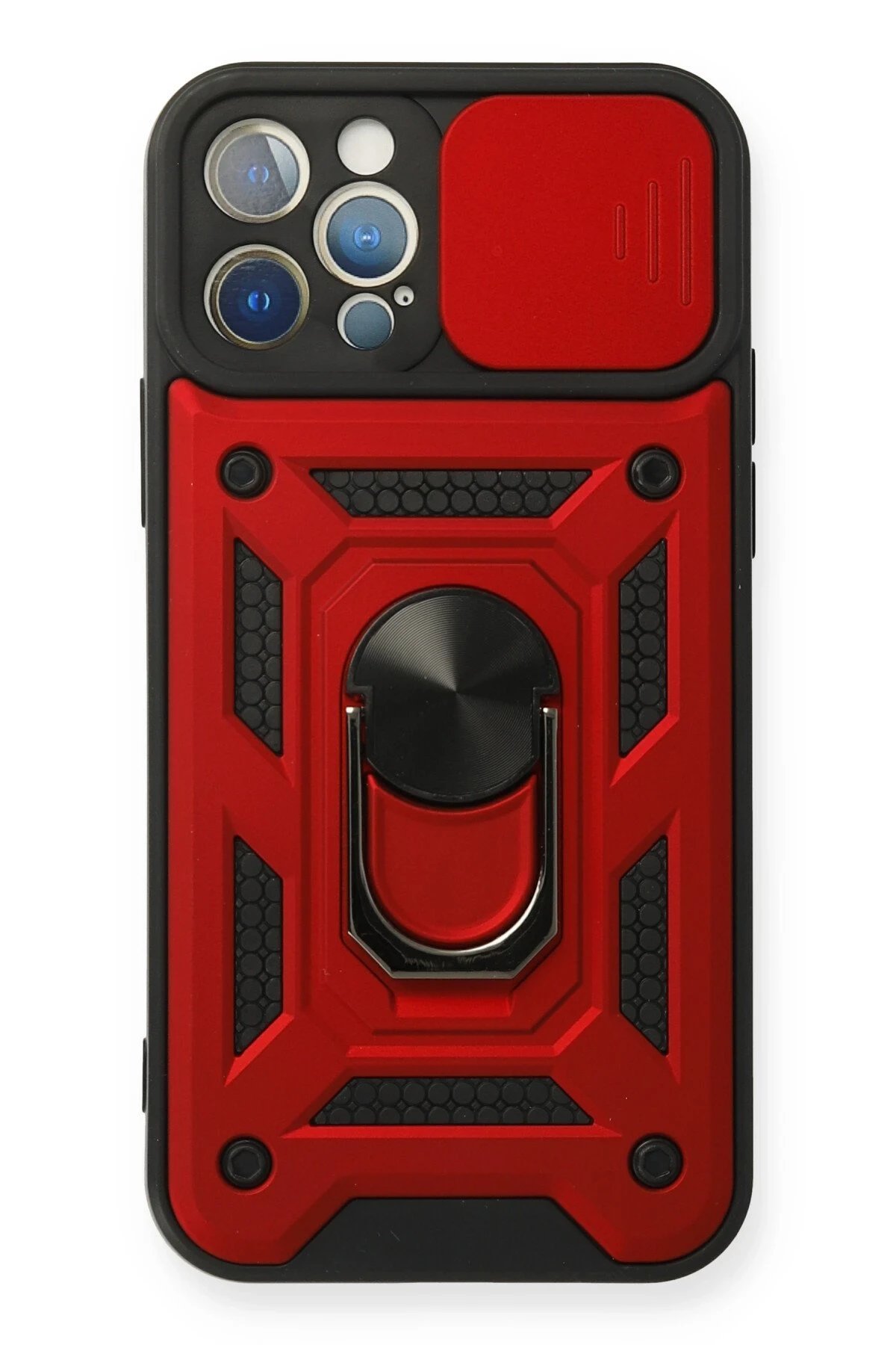 iPhone 12 Pro Kılıf Pars Lens Yüzüklü Silikon - Kırmızı-(5796)