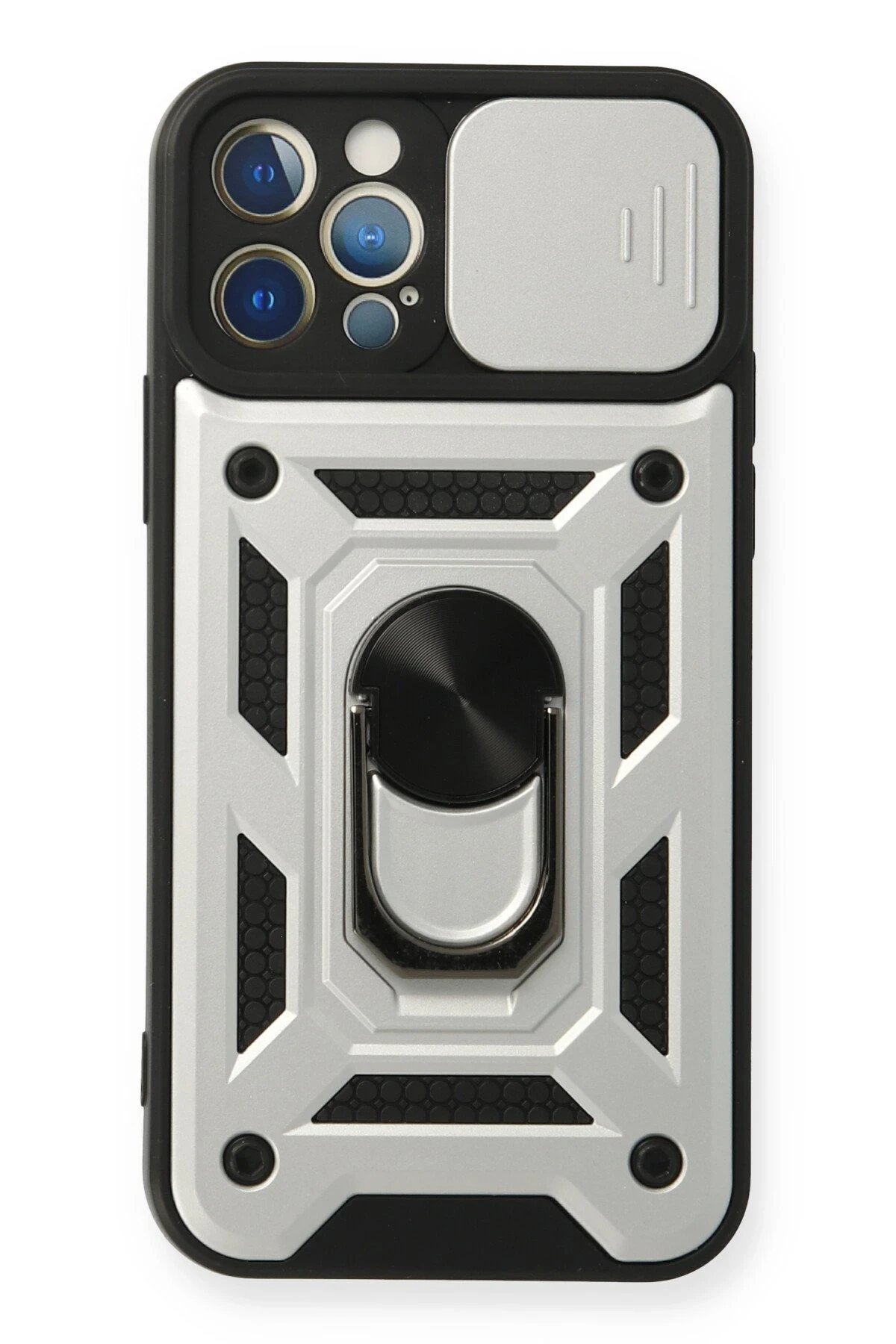 iPhone 12 Pro Kılıf Pars Lens Yüzüklü Silikon - Gümüş-(5796)