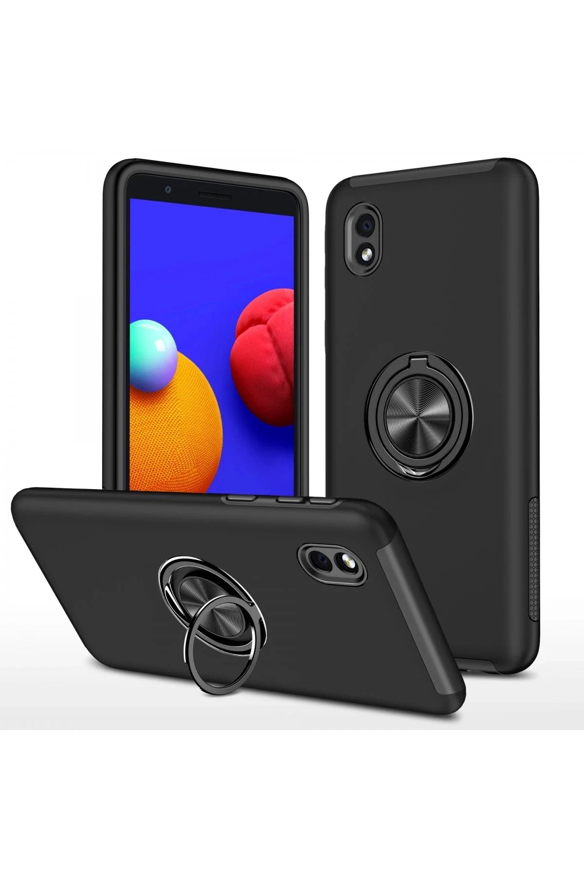 Samsung Galaxy A01 Core Kılıf Elit Yüzüklü Kapak - Siyah-(5796)