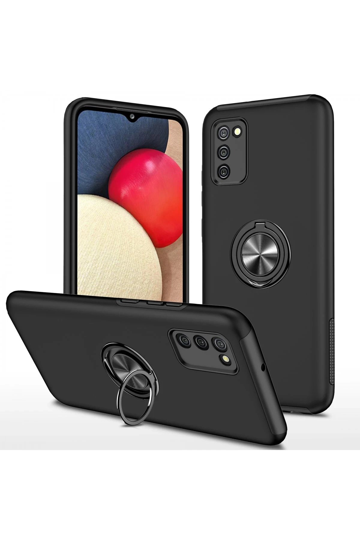 Samsung Galaxy A02S Kılıf Elit Yüzüklü Kapak - Siyah-(5796)