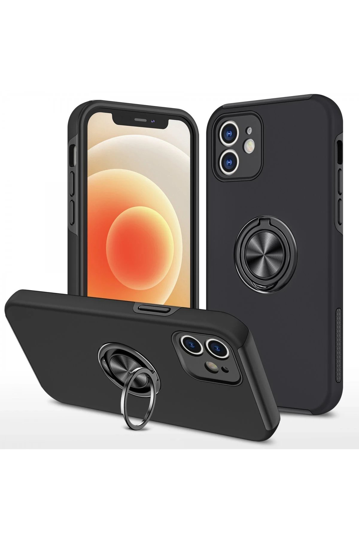 iPhone 12 Kılıf Elit Yüzüklü Kapak - Siyah-(5796)