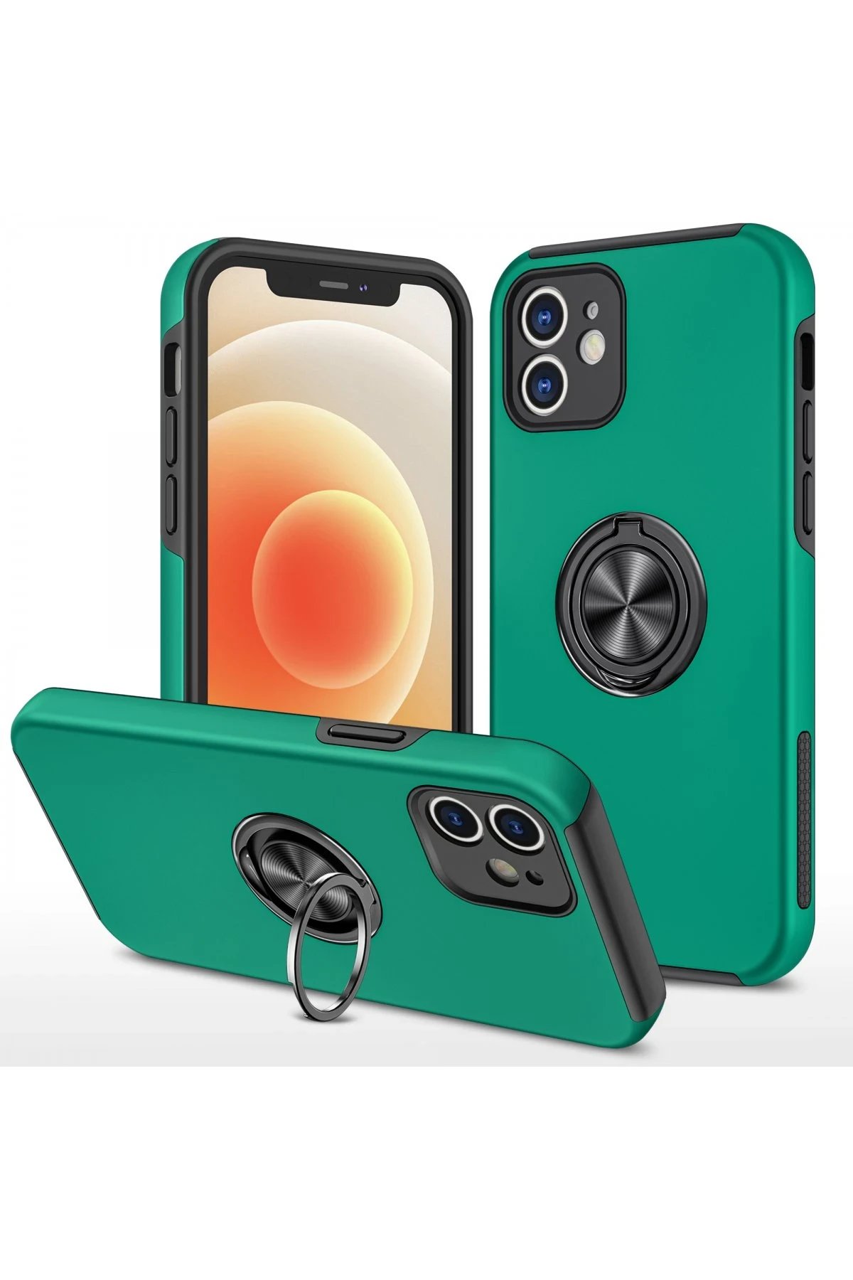 iPhone 12 Kılıf Elit Yüzüklü Kapak - Yeşil-(5796)