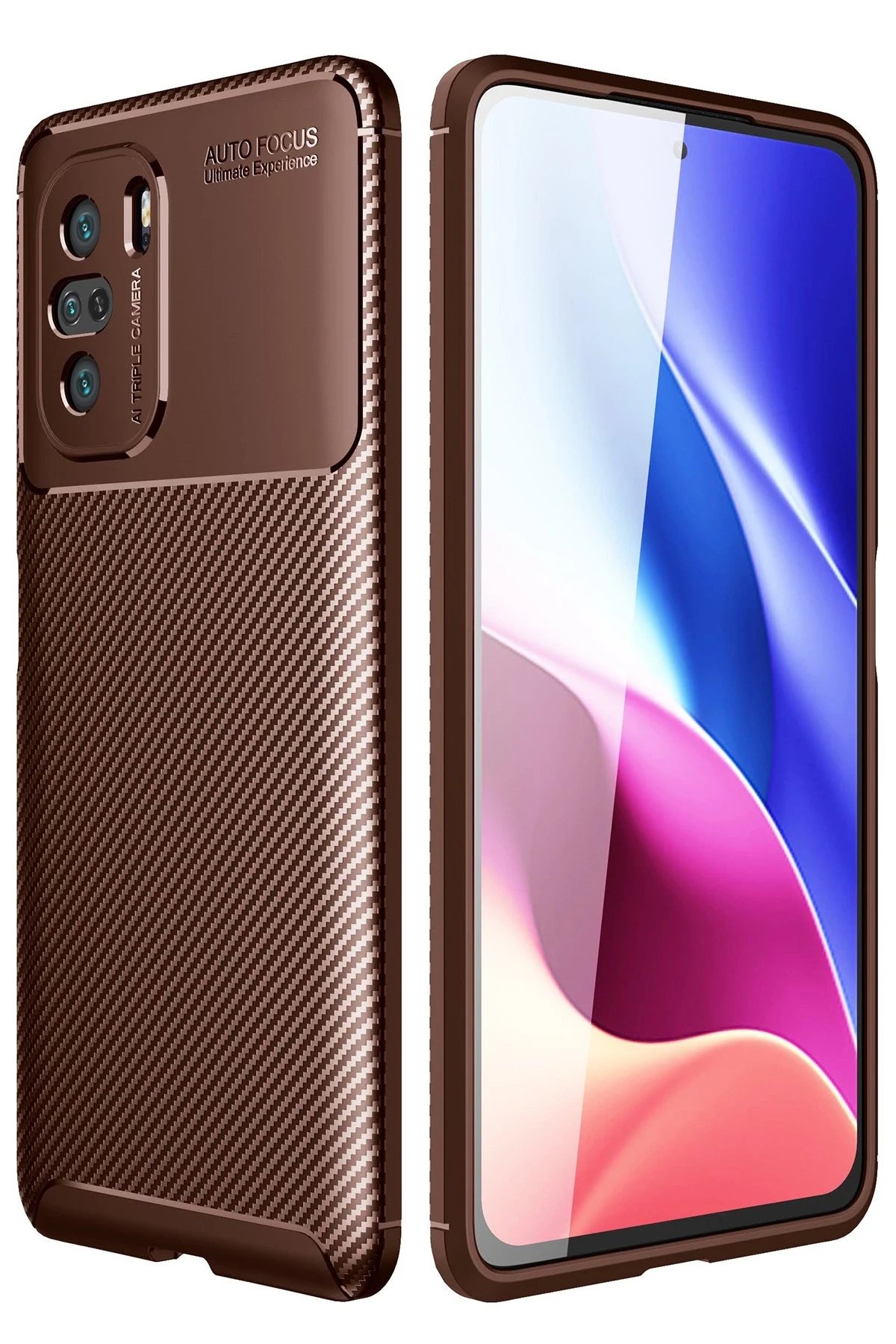 Xiaomi Poco F3 Kılıf Auto Focus Karbon Kapak - Kahverengi-(5796)