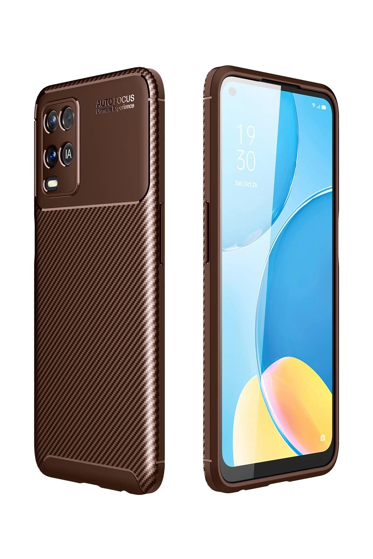 Oppo A54 4G Kılıf Auto Focus Karbon Kapak - Kahverengi-(5796)