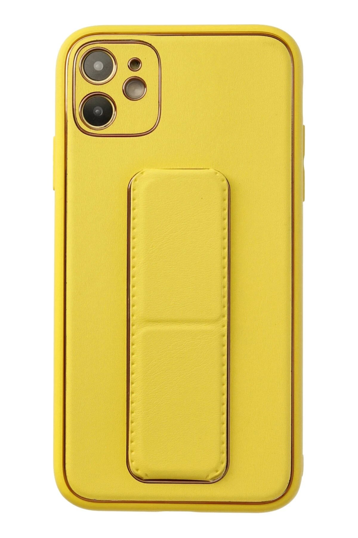 iPhone 12 Kılıf Coco Deri Standlı Kapak - Sarı-(5796)