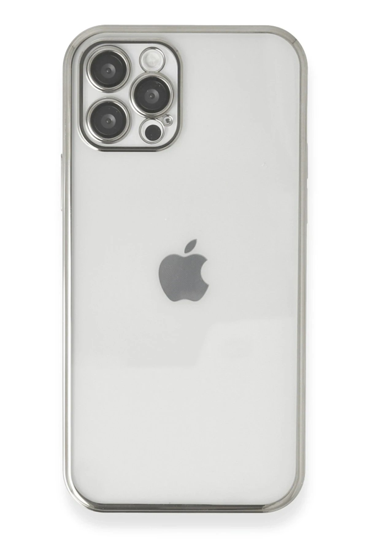 iPhone 12 Pro Max Kılıf Lensli Silikon - Gümüş-(5796)