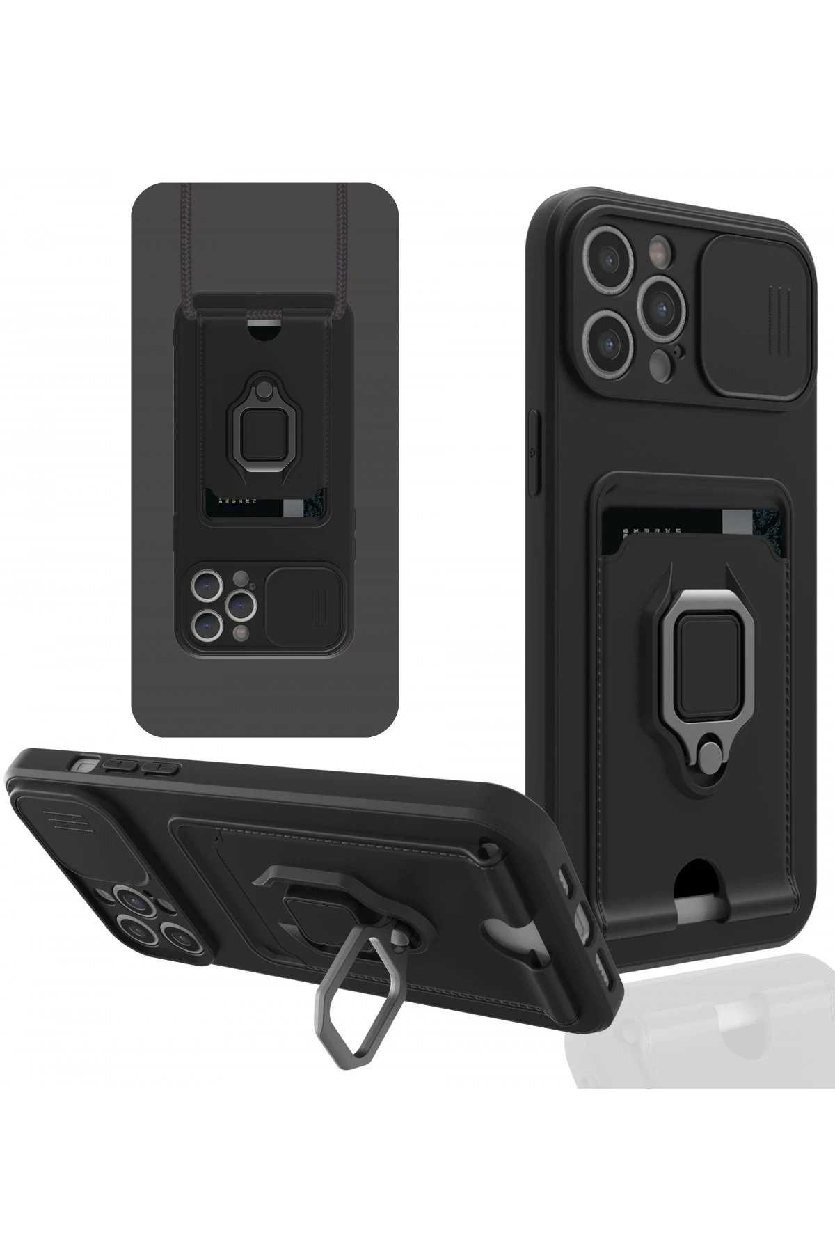 iPhone 12 Pro Kılıf Zuma Kartvizitli Yüzüklü Silikon - Siyah-(5796)