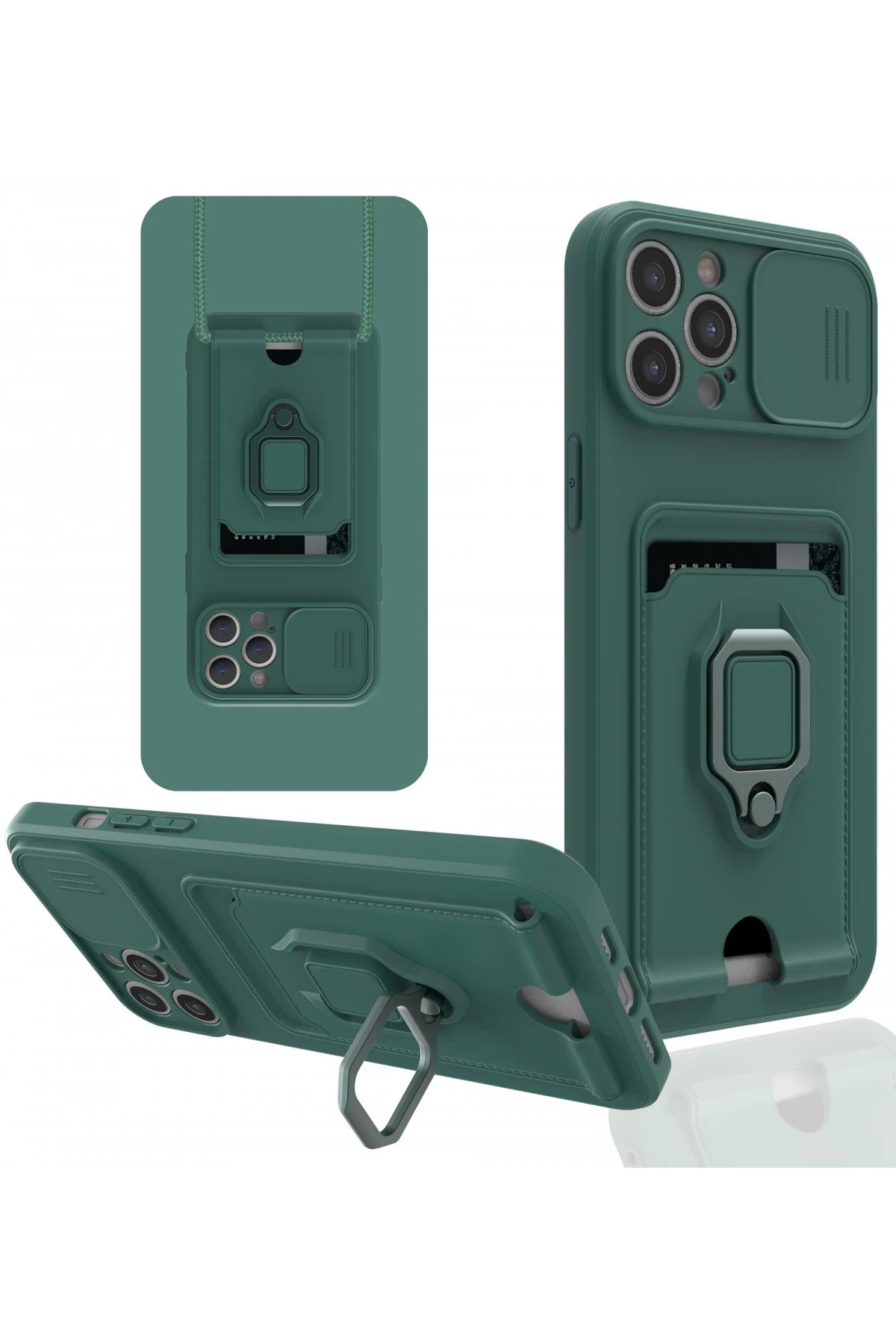 iPhone 12 Pro Max Kılıf Zuma Kartvizitli Yüzüklü Silikon - Yeşil-(5796)