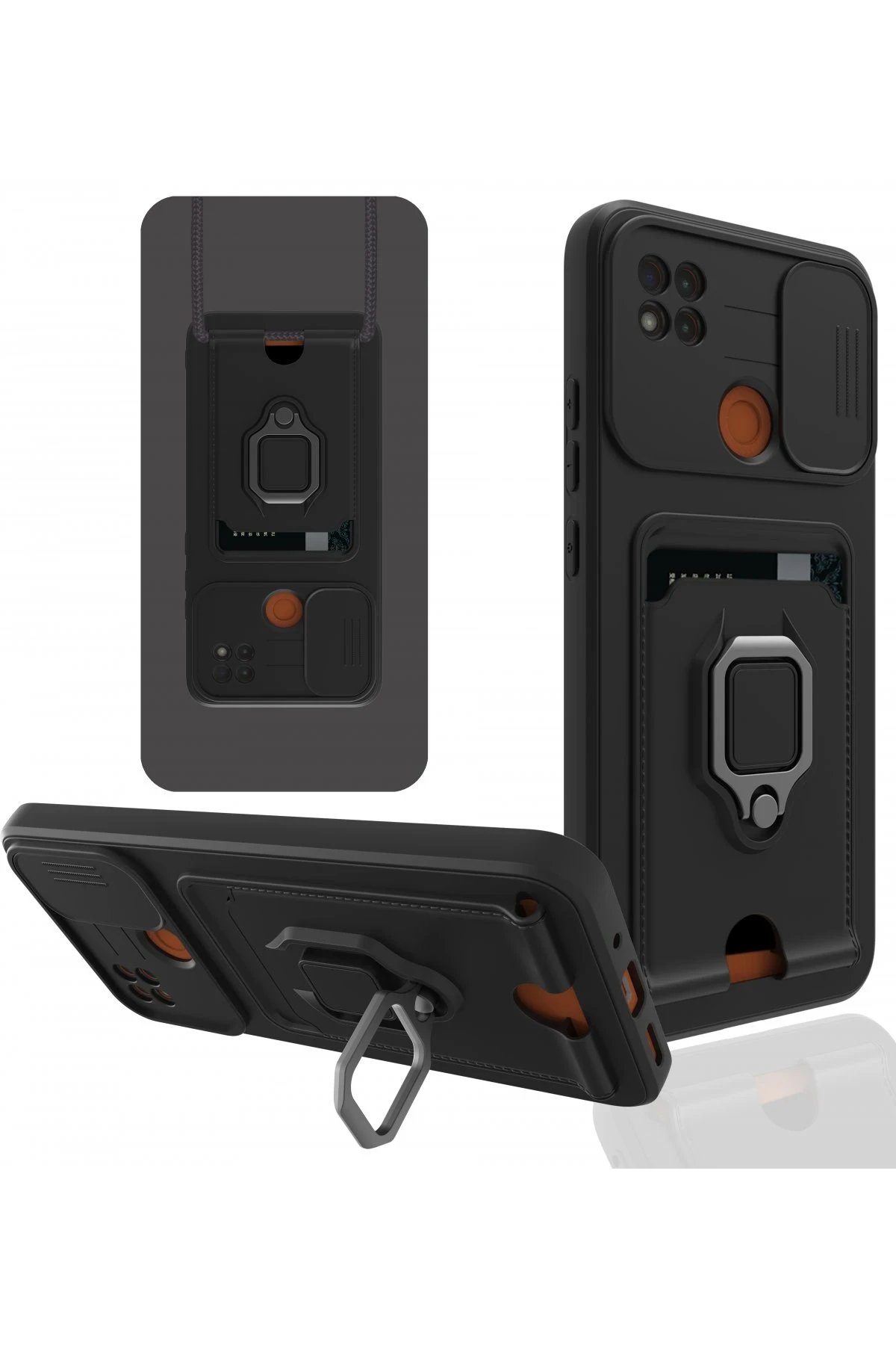 Xiaomi Redmi 9C Kılıf Zuma Kartvizitli Yüzüklü Silikon - Siyah-(5796)