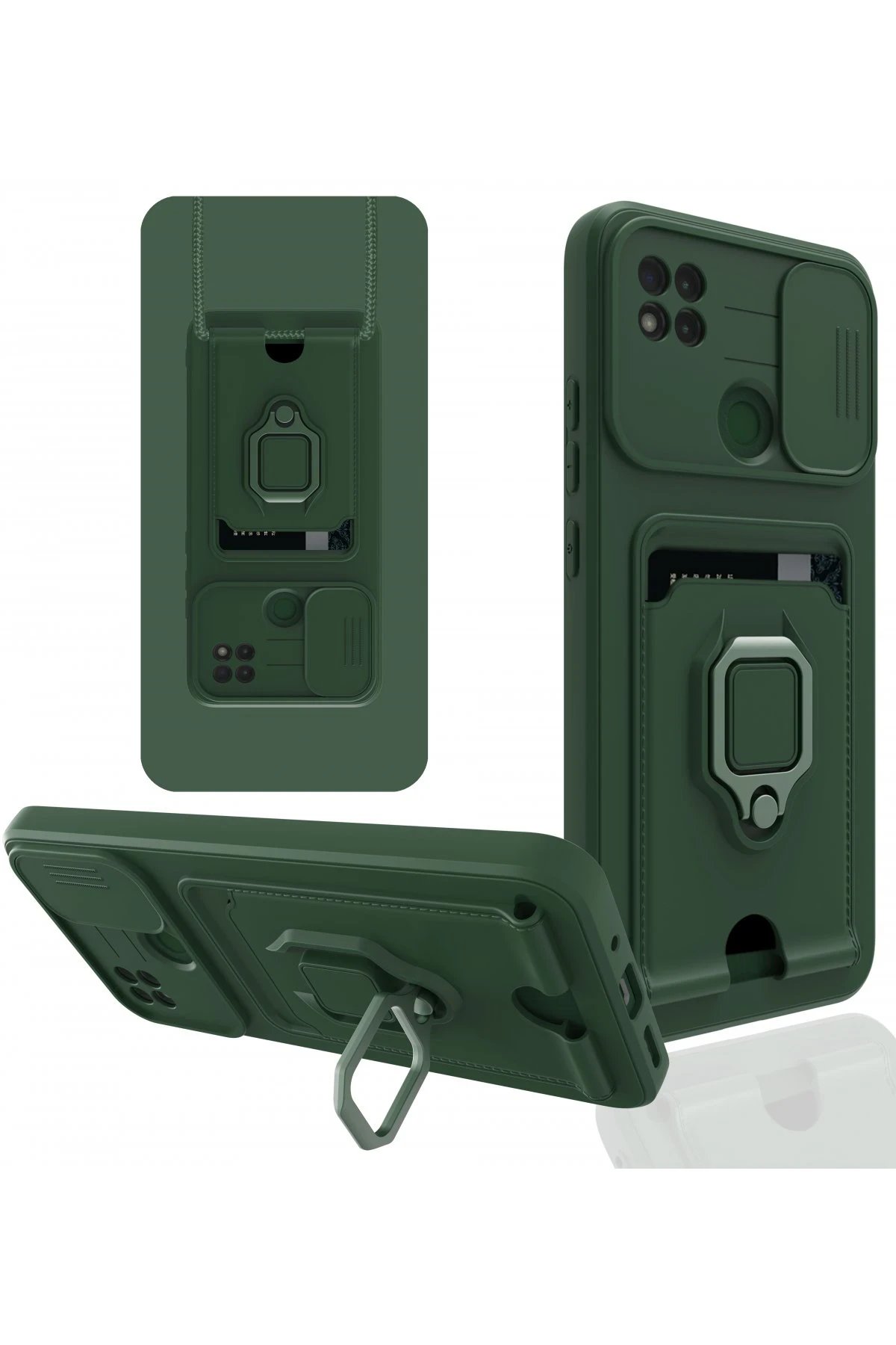 Xiaomi Redmi 9C Kılıf Zuma Kartvizitli Yüzüklü Silikon - Yeşil-(5796)