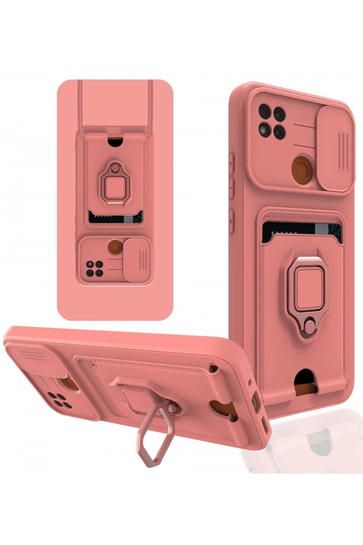 Xiaomi Redmi 9C Kılıf Zuma Kartvizitli Yüzüklü Silikon - Pembe-(5796)