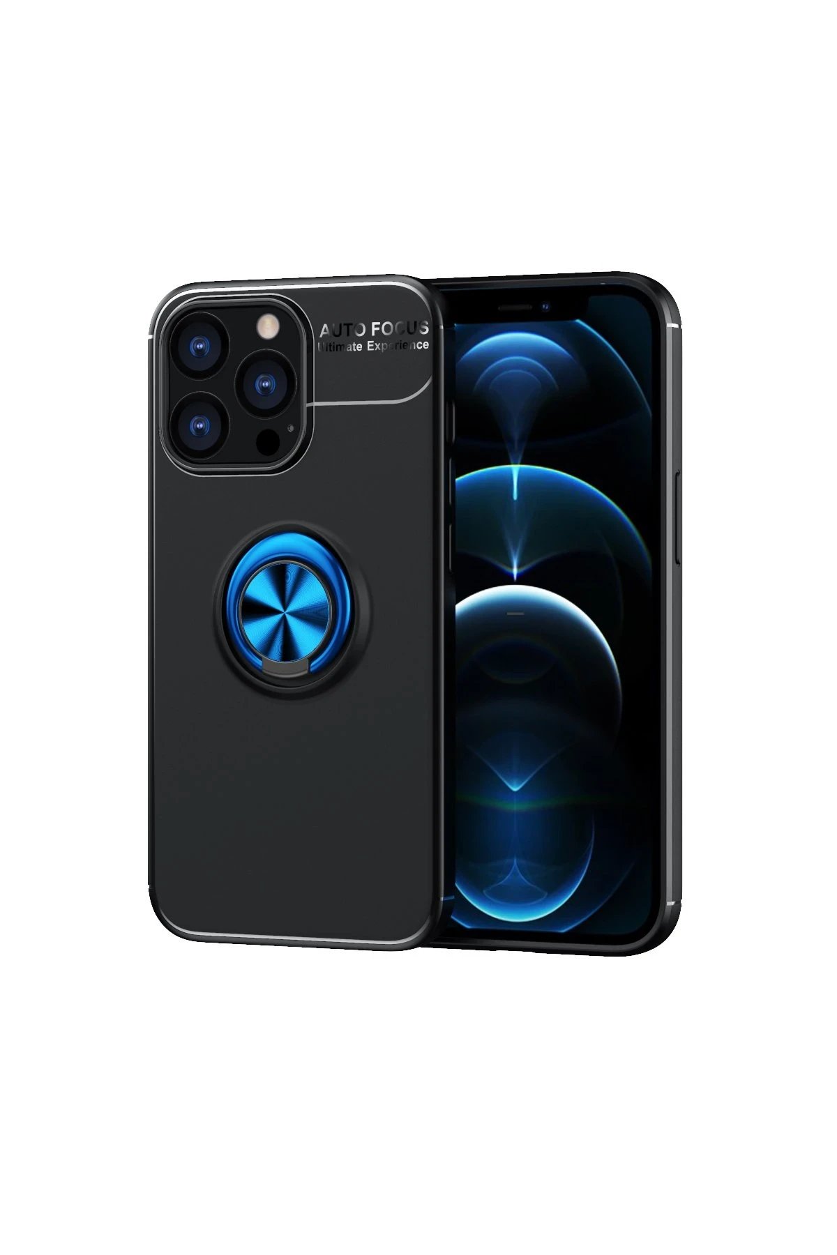 iPhone 13 Pro Max Kılıf Range Yüzüklü Silikon - Siyah-Mavi-(5796)