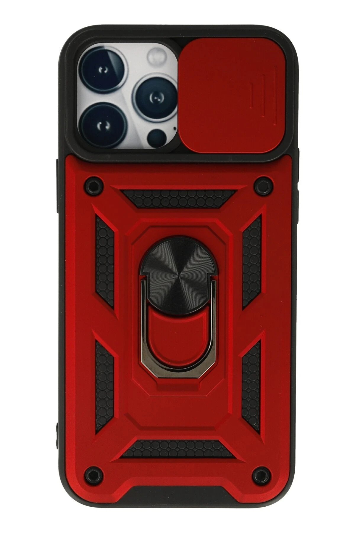 iPhone 13 Pro Max Kılıf Pars Lens Yüzüklü Silikon - Kırmızı-(5796)