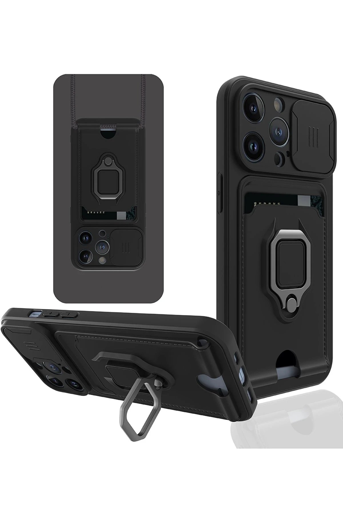 iPhone 13 Pro Max Kılıf Zuma Kartvizitli Yüzüklü Silikon - Siyah-(5796)