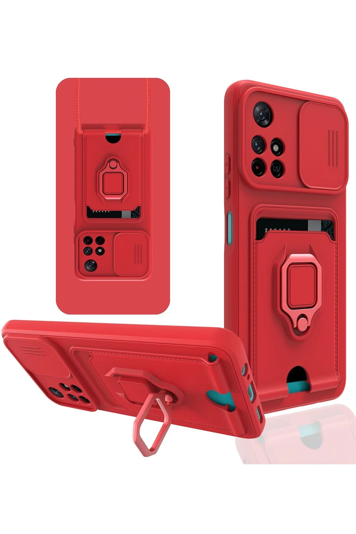 Xiaomi Redmi Note 11T Kılıf Zuma Kartvizitli Yüzüklü Silikon - Kırmızı-(5796)