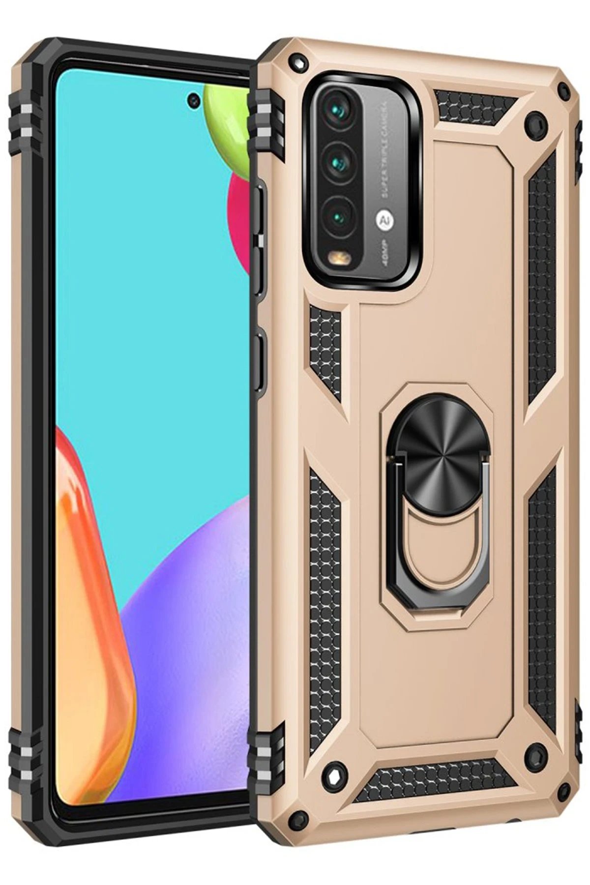 Xiaomi Redmi 9T Kılıf Sofya Yüzüklü Silikon Kapak - Gold-(5796)