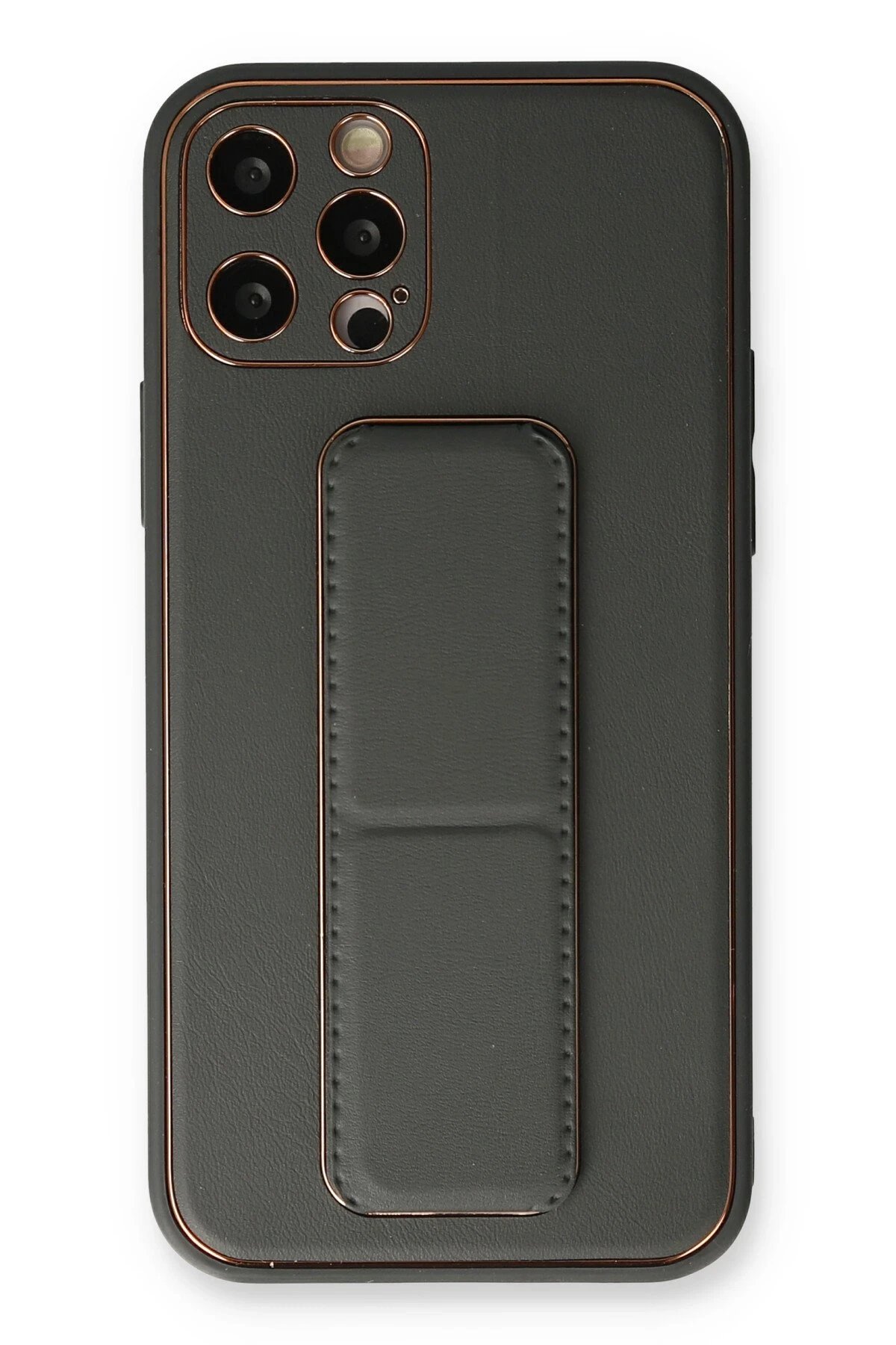 iPhone 12 Pro Kılıf Coco Deri Standlı Kapak - Füme-(5796)