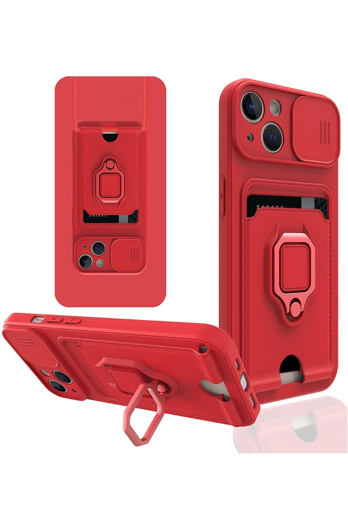 iPhone 14 Kılıf Zuma Kartvizitli Yüzüklü Silikon - Kırmızı-(5796)