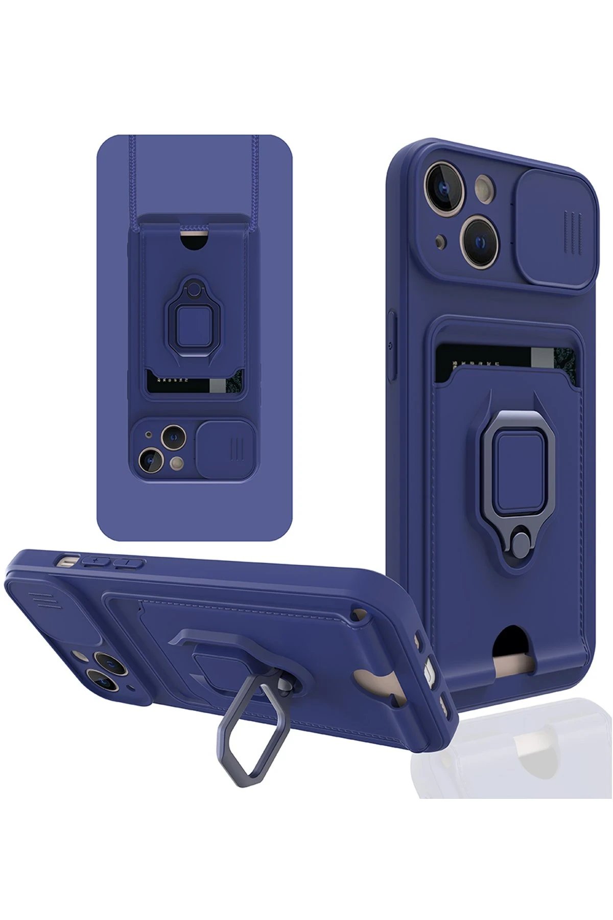 iPhone 14 Plus Kılıf Zuma Kartvizitli Yüzüklü Silikon - Lacivert-(5796)