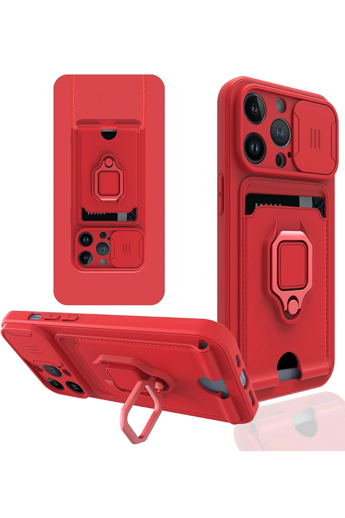 iPhone 14 Pro Kılıf Zuma Kartvizitli Yüzüklü Silikon - Kırmızı-(5796)