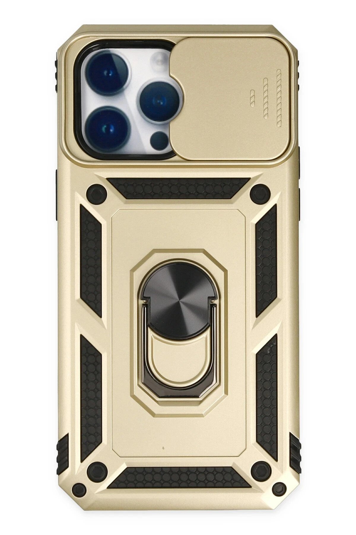 iPhone 14 Pro Kılıf Pars Lens Yüzüklü Silikon - Gold-(5796)