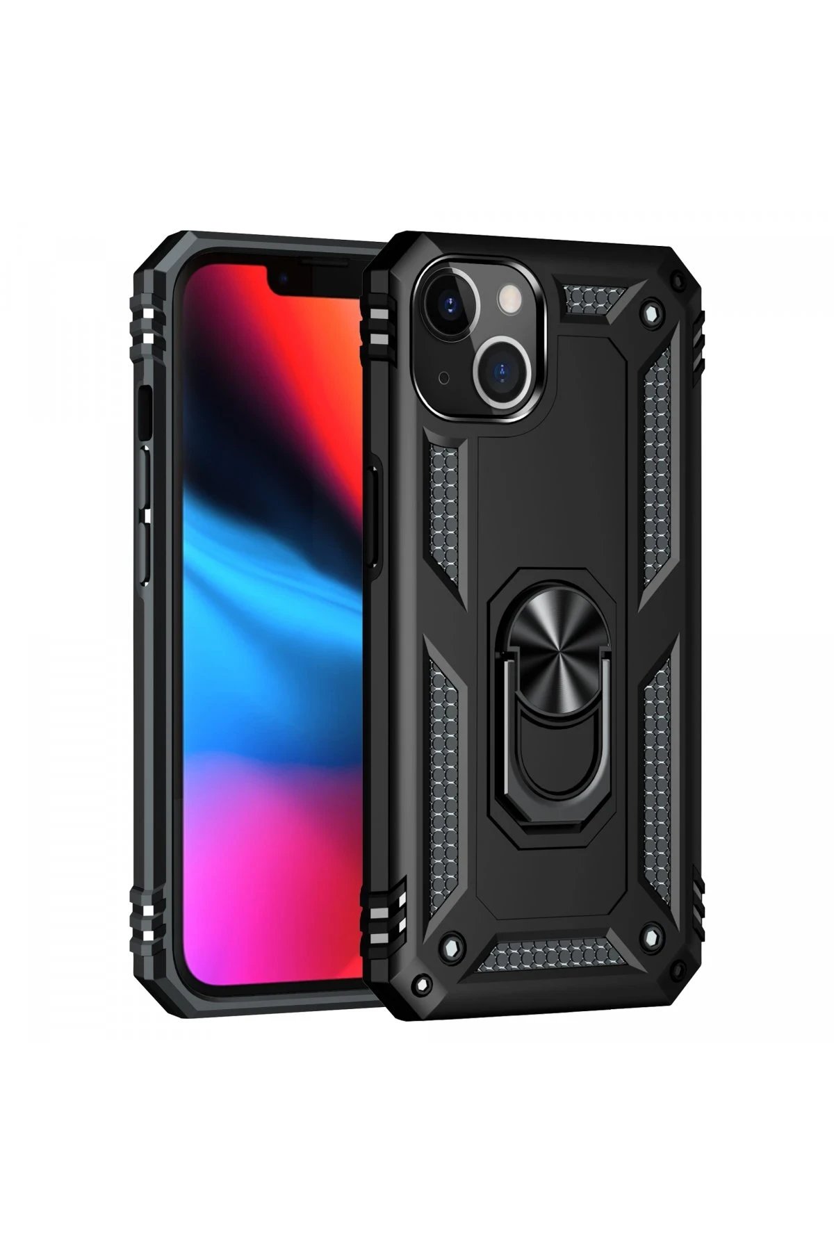 iPhone 14 Kılıf Sofya Yüzüklü Silikon Kapak - Siyah-(5796)