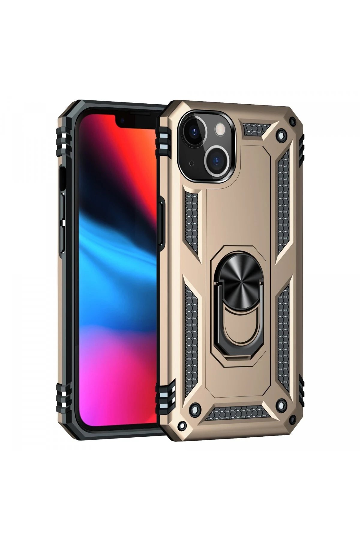 iPhone 14 Plus Kılıf Sofya Yüzüklü Silikon Kapak - Gold-(5796)