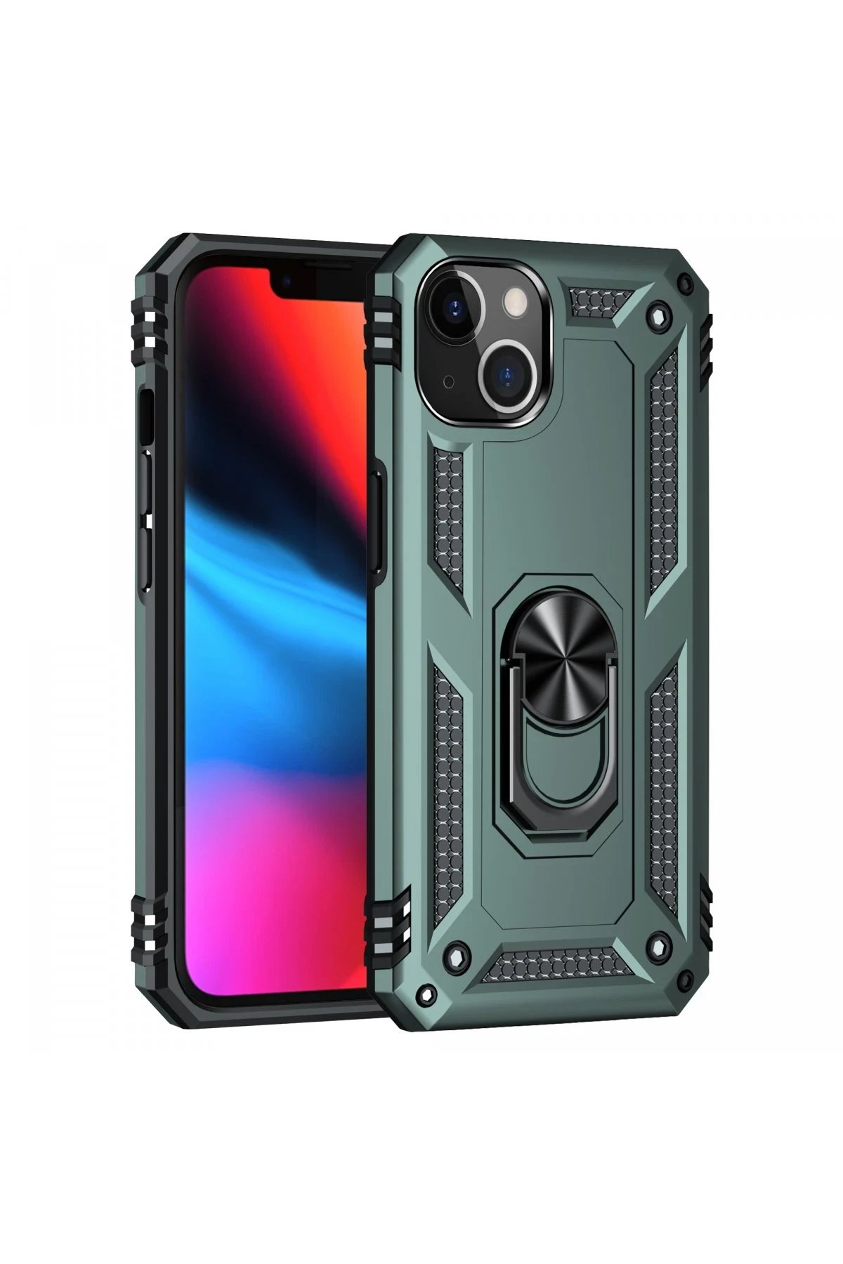 iPhone 14 Plus Kılıf Sofya Yüzüklü Silikon Kapak - Yeşil-(5796)